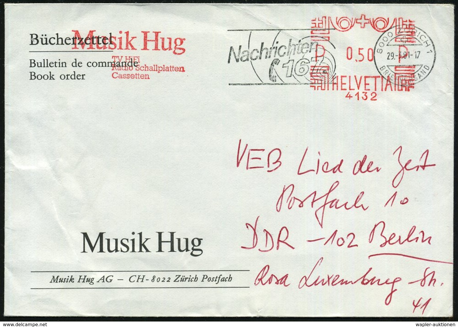 1981 SCHWEIZ, Absender-Freistempel Ohne Ort: HELVETIA 4132 Musik Hug, TV HiFi, Radio Schallplatten Cassetten + Maschinen - Other & Unclassified