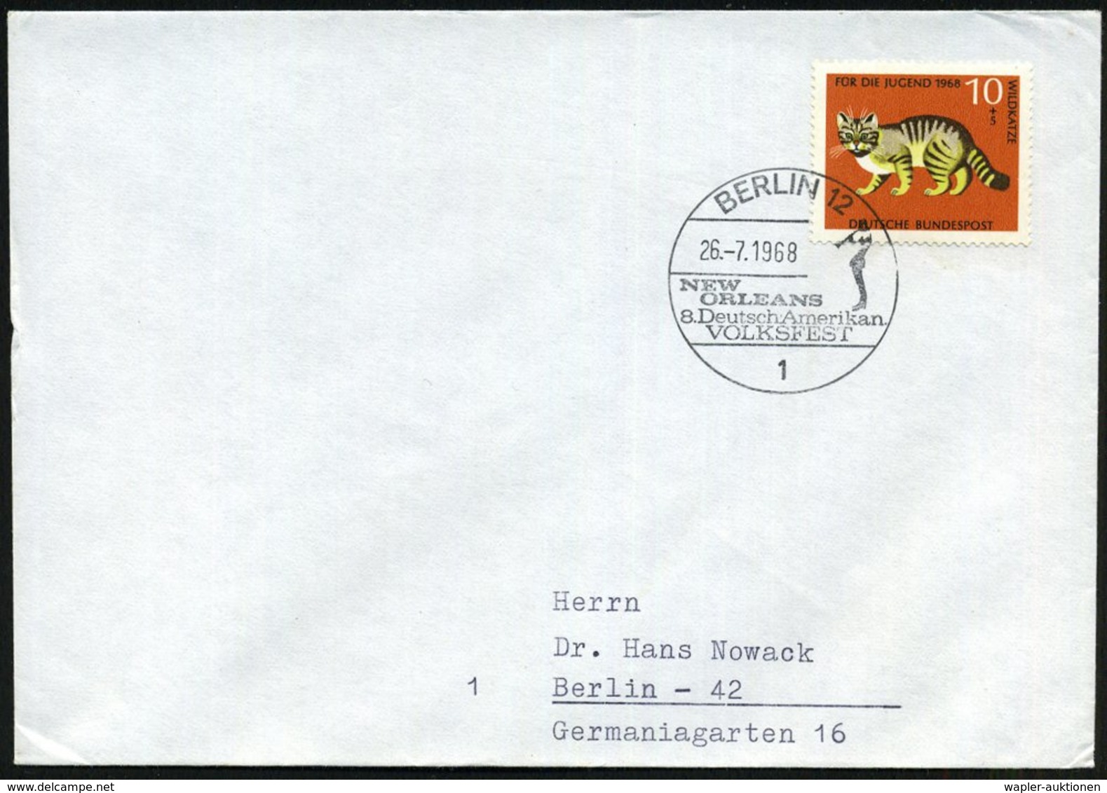 1968 (26.7.) 1 BERLIN 12, Sonderstempel: NEW ORLEANS, 8. Deutsch-Amerikan. VOLKSFEST = Jazzmusiker, Ortsbrief (Bo.1444)  - Other & Unclassified