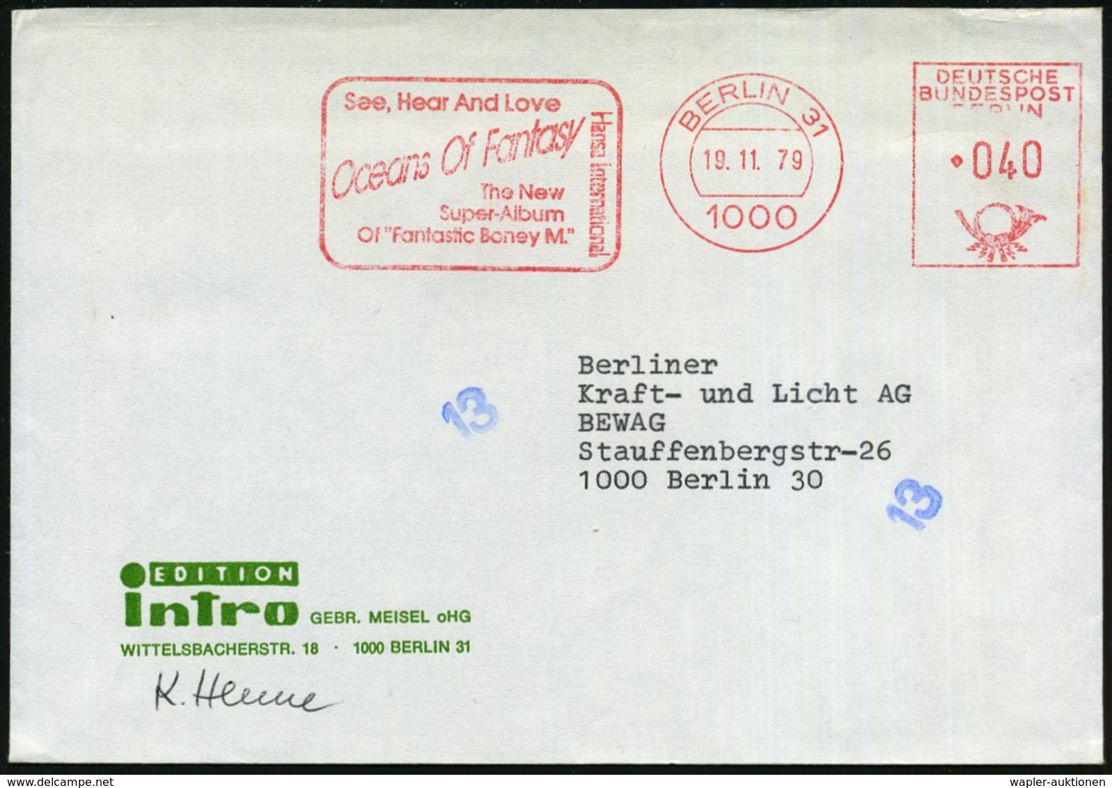 1979 (19.11.) 1000 BERLIN 31, Absender-Freistempel: .. Oceans Of Fantasy.. Super-Album Of "Fantastic Boney M.", Firmenbr - Sonstige & Ohne Zuordnung
