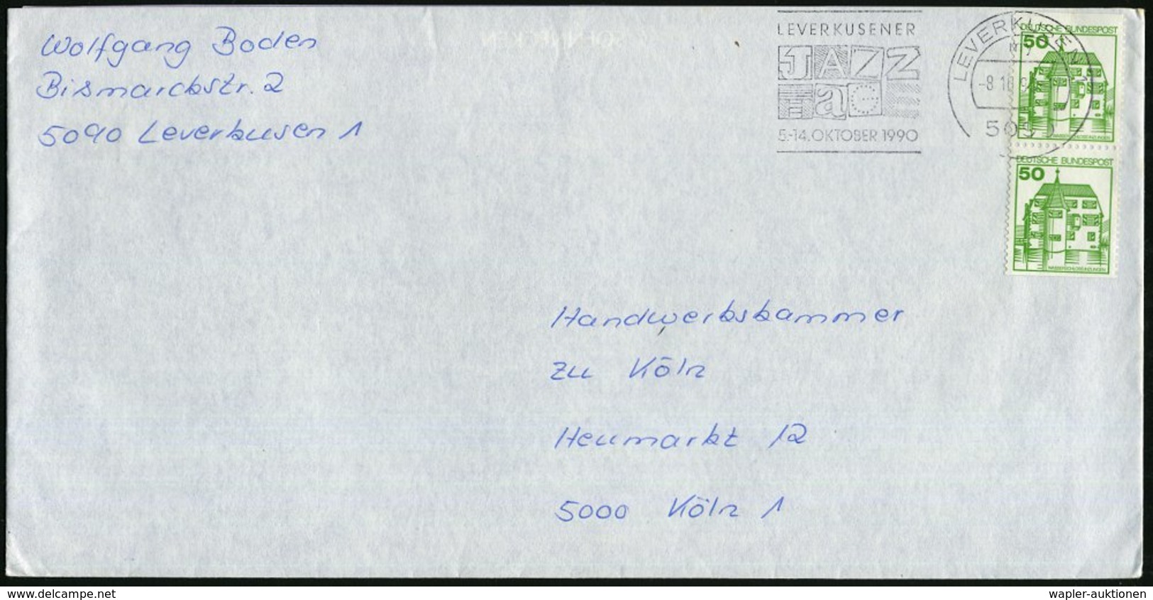 1990 5090 LEVERKUSEN 1, Maschinen-Werbestempel: JAZZ TAGE 5.-14. OKT.1990, Bedarfsbrief - Jazz, Rock- & Popmusik / Jazz  - Other & Unclassified