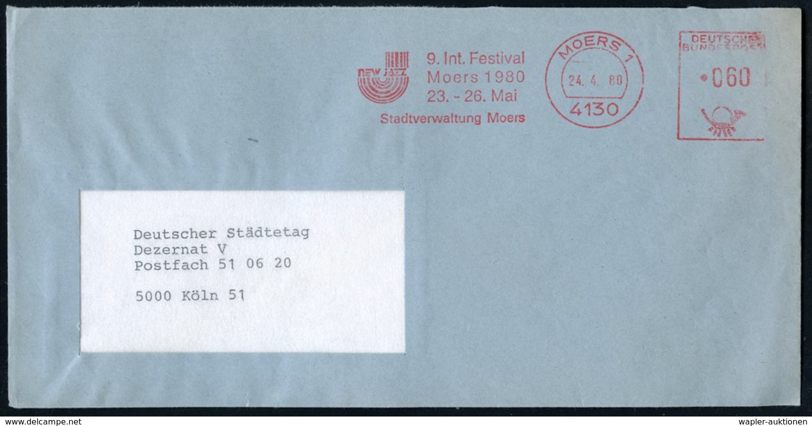 1980 4130 MOERS 1, Absender-Freistempel: 9. Int. Festival Moers 1980 = Jazz-Festival, Kommunalbrief - Jazz, Rock- & Popm - Other & Unclassified