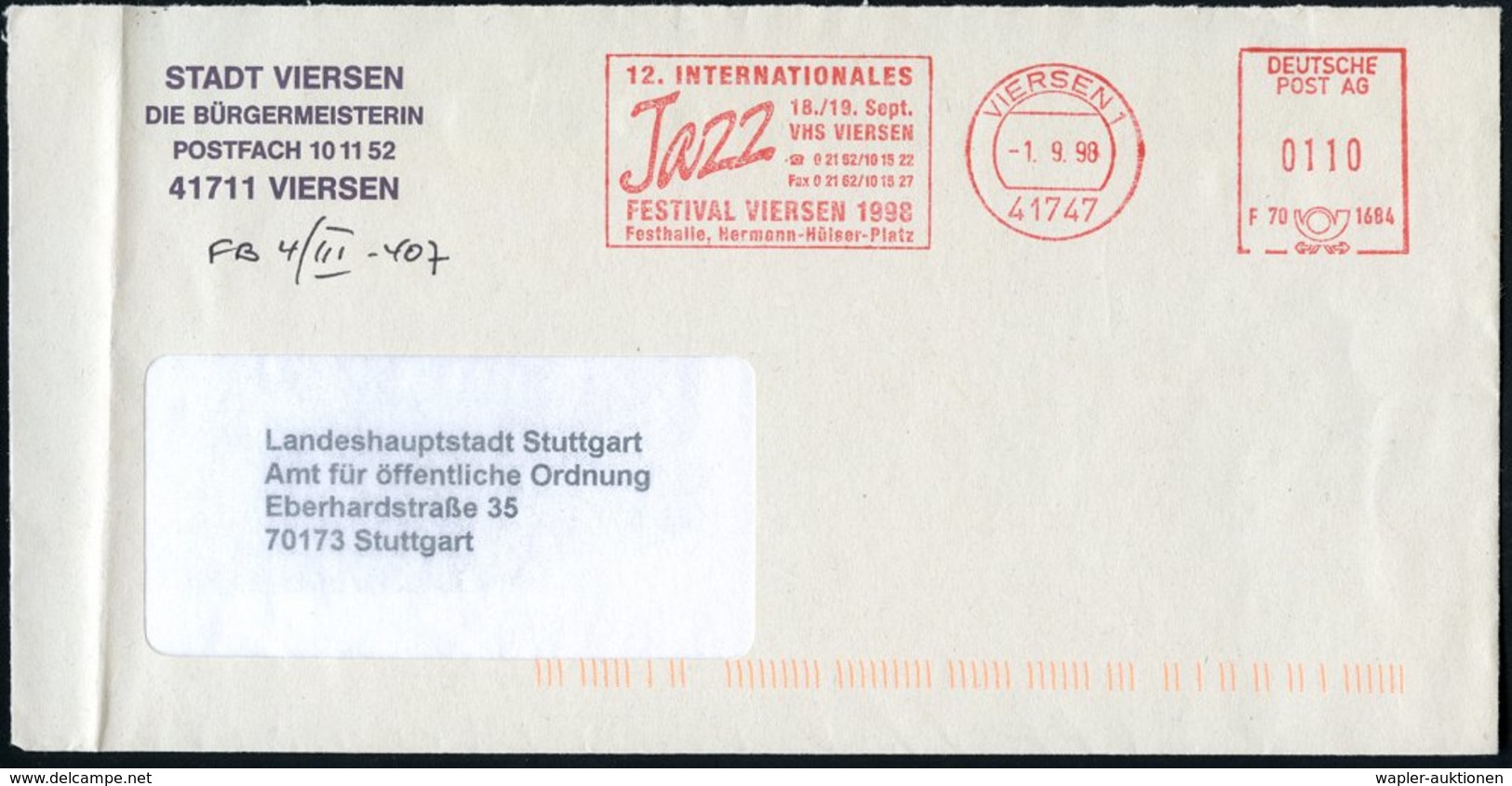 1998 41747 VIERSEN 1, Absender-Freistempel: 12. INTERNAT. Jazz FESTIVAL.. , Kommunalbrief - Jazz, Rock- & Popmusik / Jaz - Sonstige & Ohne Zuordnung