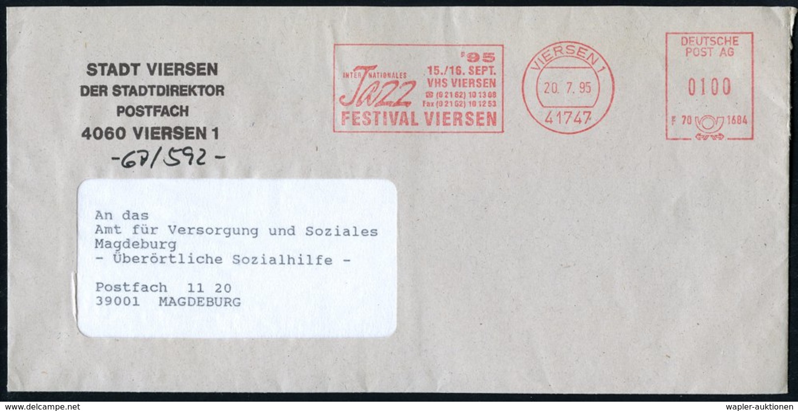 1995 (20.7.) 41747 VIERSEN 1, Absender-Freistempel: INTERNAT. Jazz FESTIVAL..'95 , Kommunalbrief - Jazz, Rock- & Popmusi - Other & Unclassified