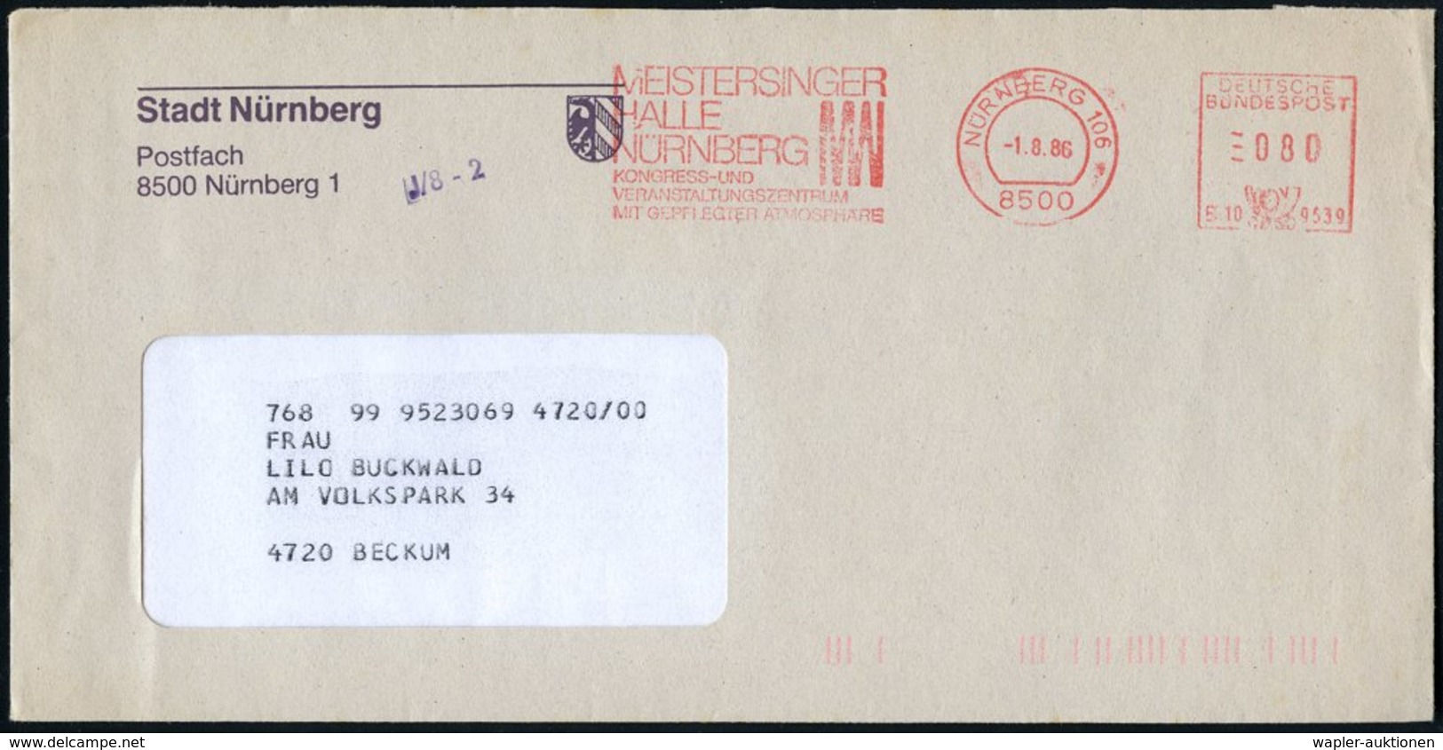 1986 (1.8.) 8500 NÜRNBERG 106, Absender-Freistempel: MEISTERSINGERHALLE.. , Kommunalbrief - Gesang & Lied / Vocal Singin - Other & Unclassified