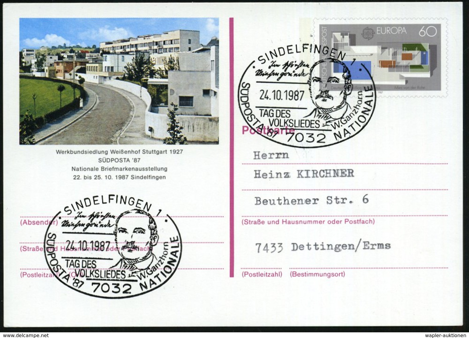 1987 (24.10.) 7032 SINDELFINGEN 1, Sonderstempel: TAG DES VOLKSLIEDES W. Ganzhorn.. (Kopfbild) Inl.-Karte - Gesang & Lie - Other & Unclassified