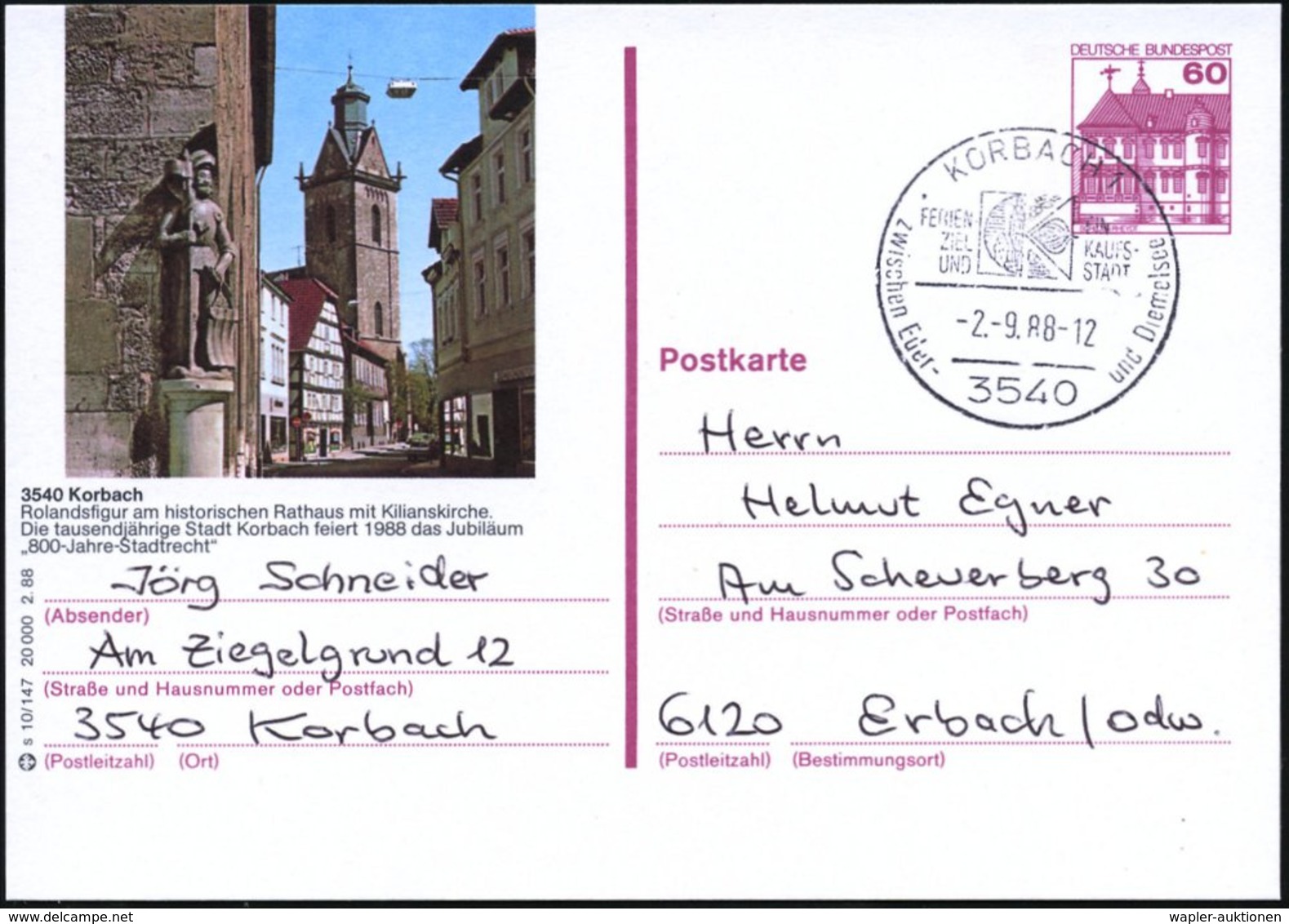 1988 (2.9.) 3540 Korbach, 60 Pf. Bild-Ganzsache: Ronland.. "800 Jahre Stadtrecht" (Rolandsfigur, Kilianskirchturm) + Ort - Other & Unclassified