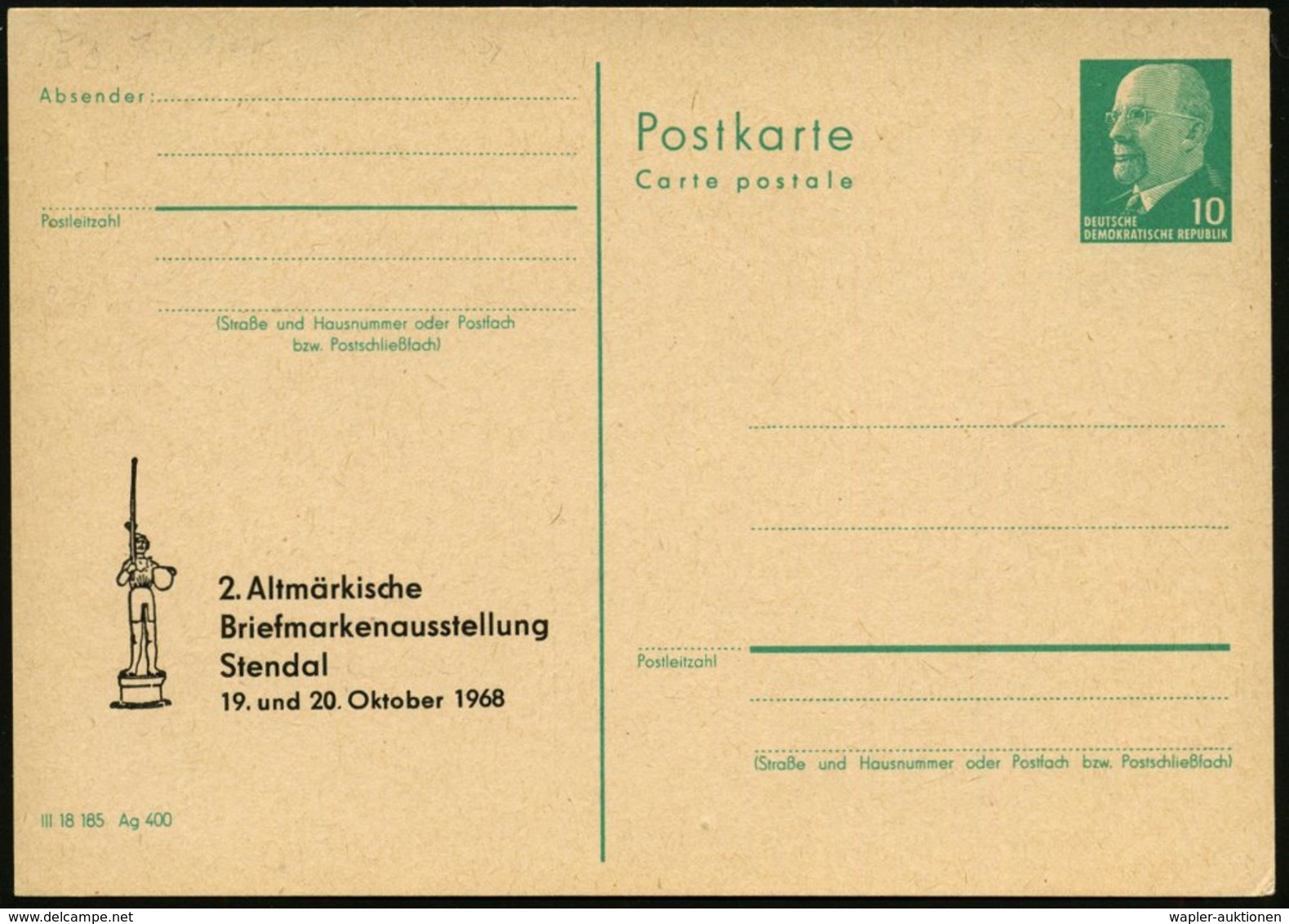 1968 (Okt.) Stendal, Amtl. Ganzsache 10 Pf. Ulbricht + Zudruck: 2. Altmärkische Briefmarkenausstellung = Roland, Ungebr. - Otros & Sin Clasificación