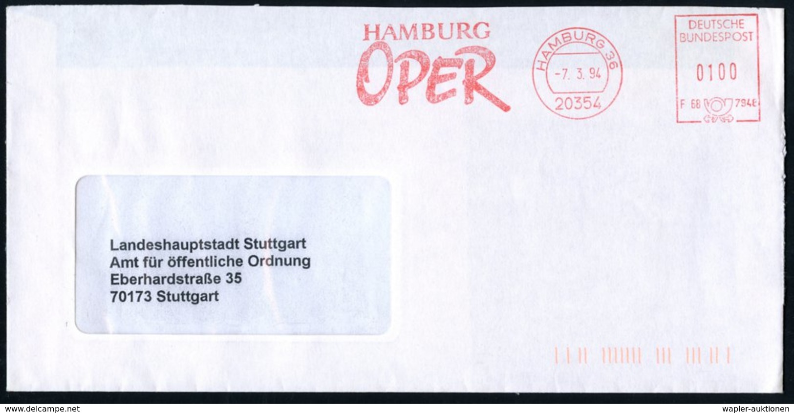 1994 20354 HAMBURG 36, Absender-Freistempel: OPER, Kommunalbrief - Oper & Opernhäuser / Opera / L'Opéra / Opera - Other & Unclassified