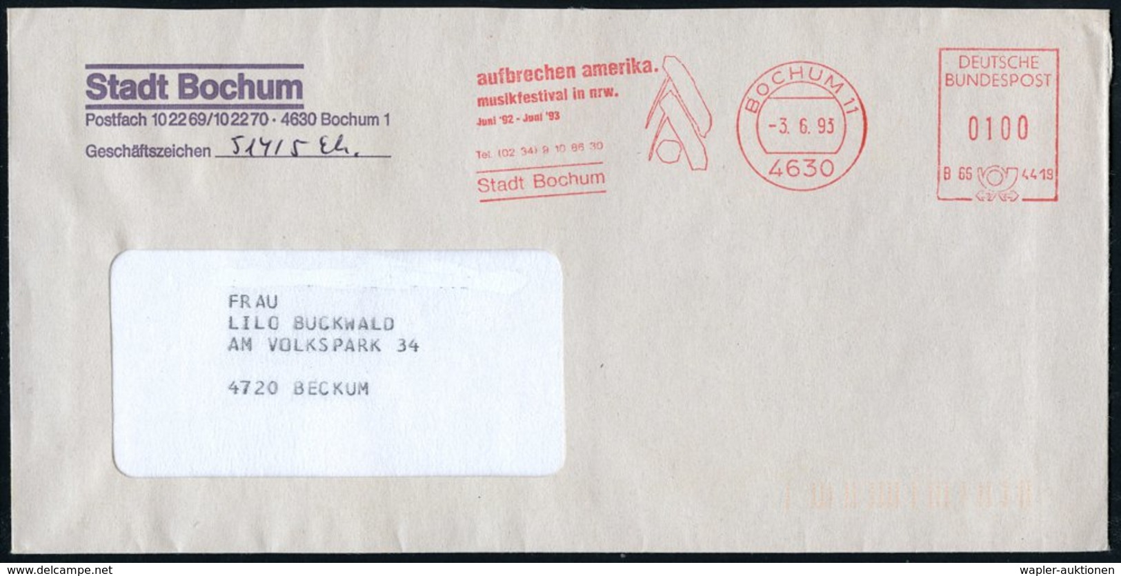 1993 (3.6.) 4630 BOCHUM 11, Absender-Freistempel: Aufbrechen Amerika Musikfestival.. (Logo), Kommunalbrief - Musik-Festi - Autres & Non Classés