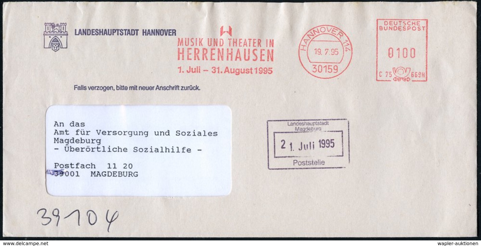 1995 (Juli) 30159 HANNOVER 114, Absender-Freistempel: MUSIK U. THEATER IN HERRENHAUSEN, 1. Juli - 31. August, Kommunalbr - Other & Unclassified