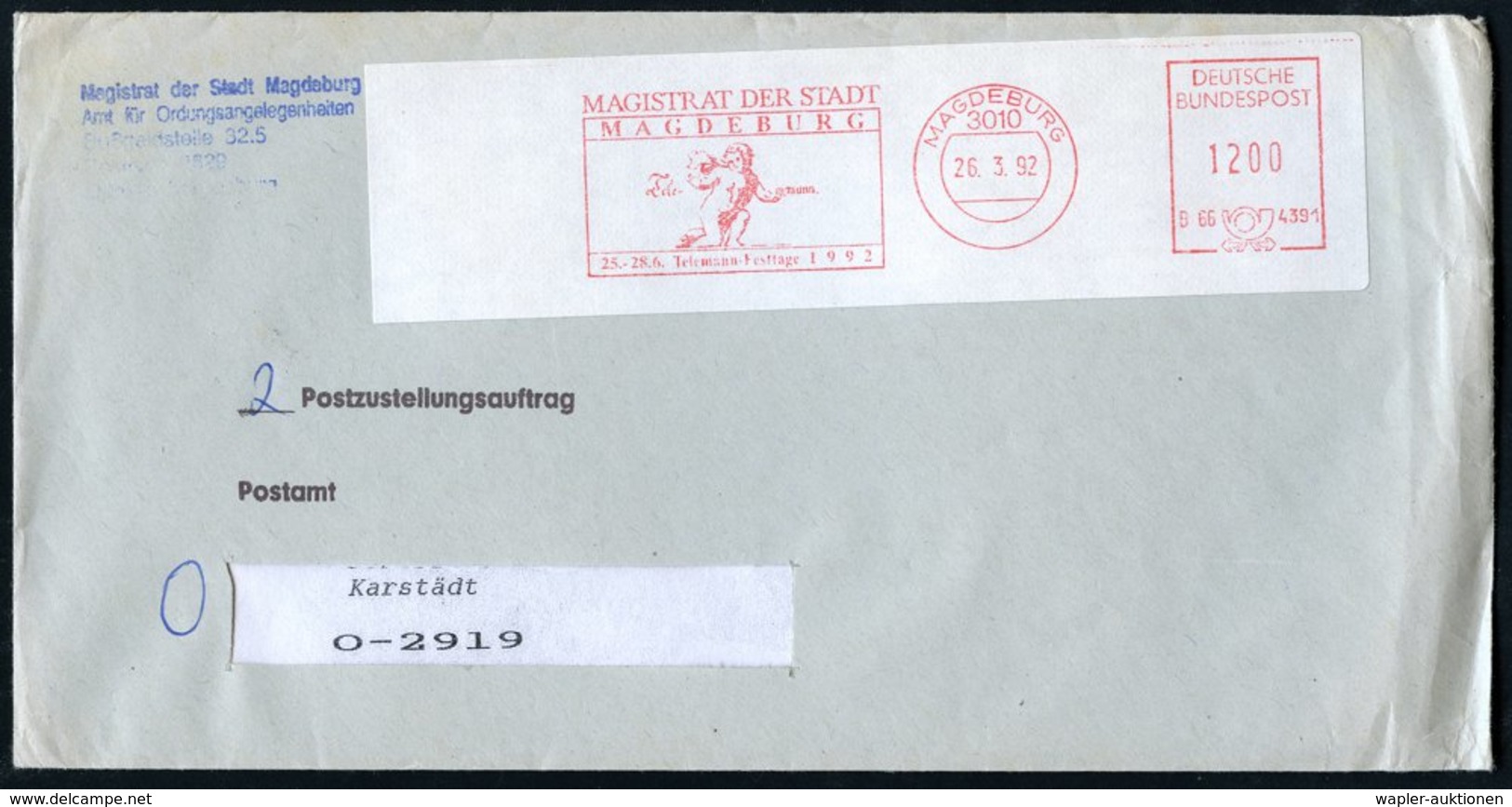 1992 (26.3.) 3010 MAGDEBURG, Kommunaler Absender-Freistempel: Telemann-Festtage 1992 (Putte), 1200 Pf. Auf 2 Postzustell - Autres & Non Classés