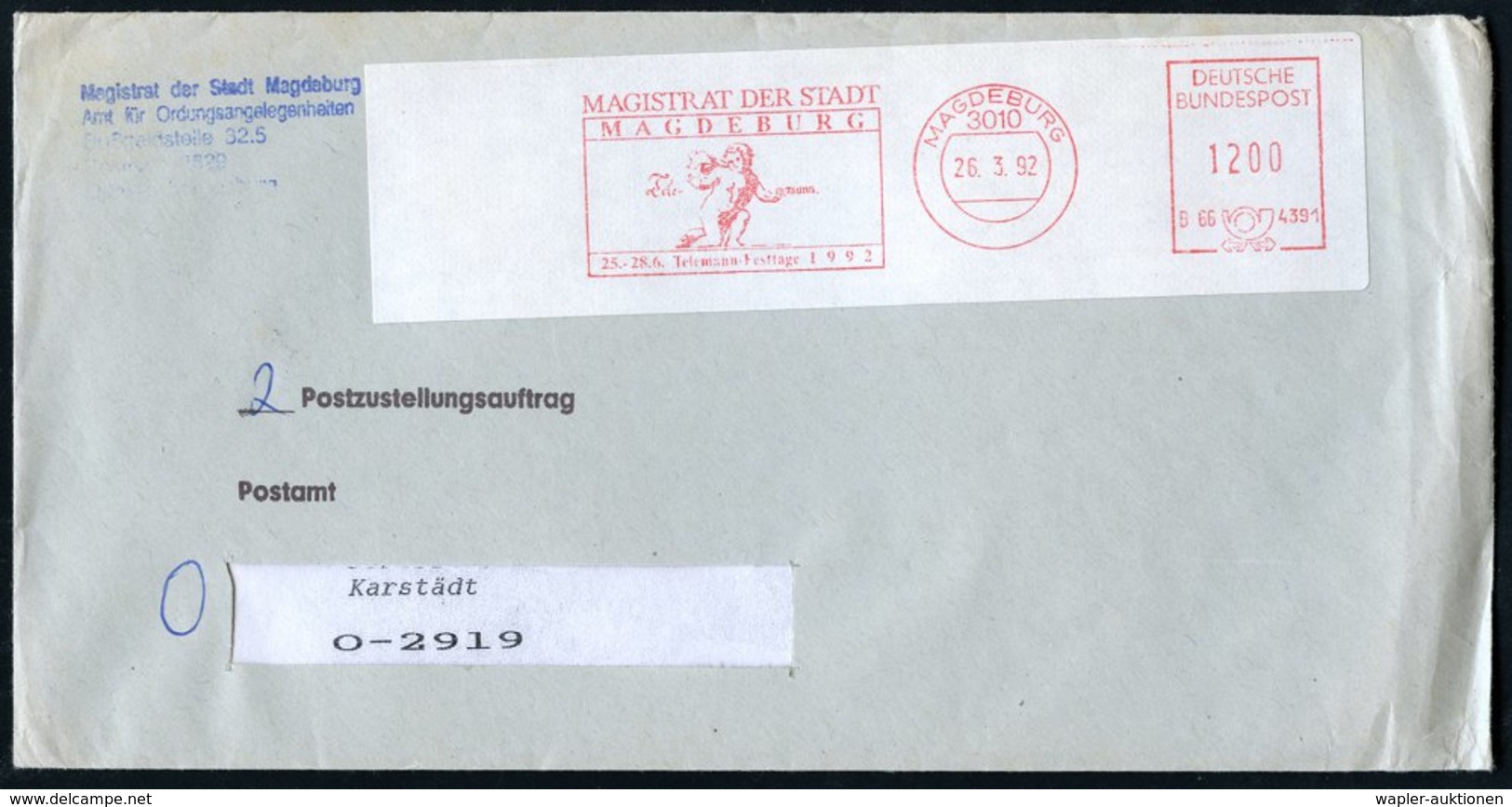 1992 (26.3.) 3010 MAGDEBURG, Kommunaler Absender-Freistempel: Telemann-Festtage 1992 (Putte), 1200 Pf. Auf 2 Postzustell - Other & Unclassified