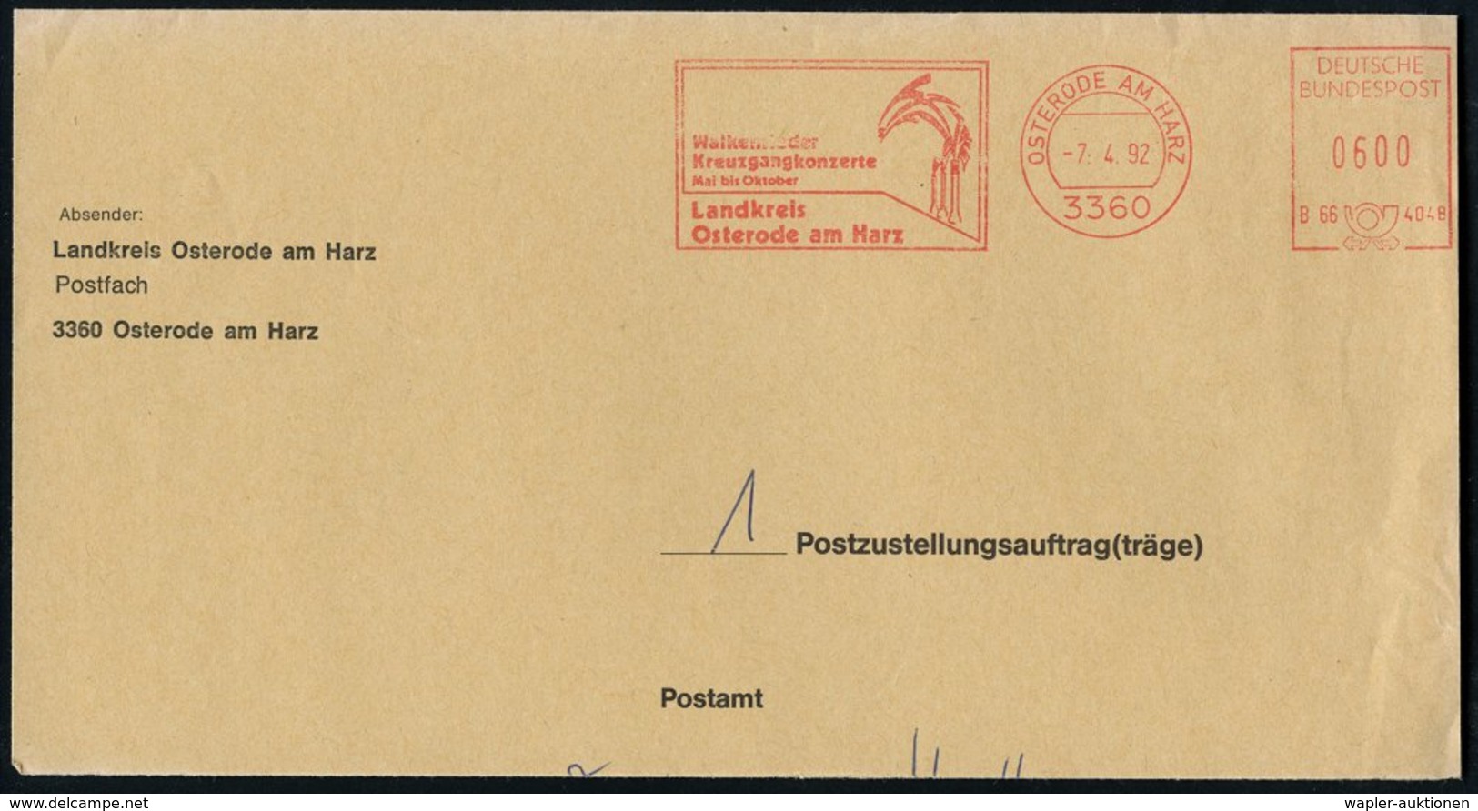 1992 3360 OSTERRODE AM HARZ, Absender-Freistempel: Walkenrieder Kreuzgangkonzerte.. (Teil Eines Kreuzgangs) Kommunaler T - Other & Unclassified