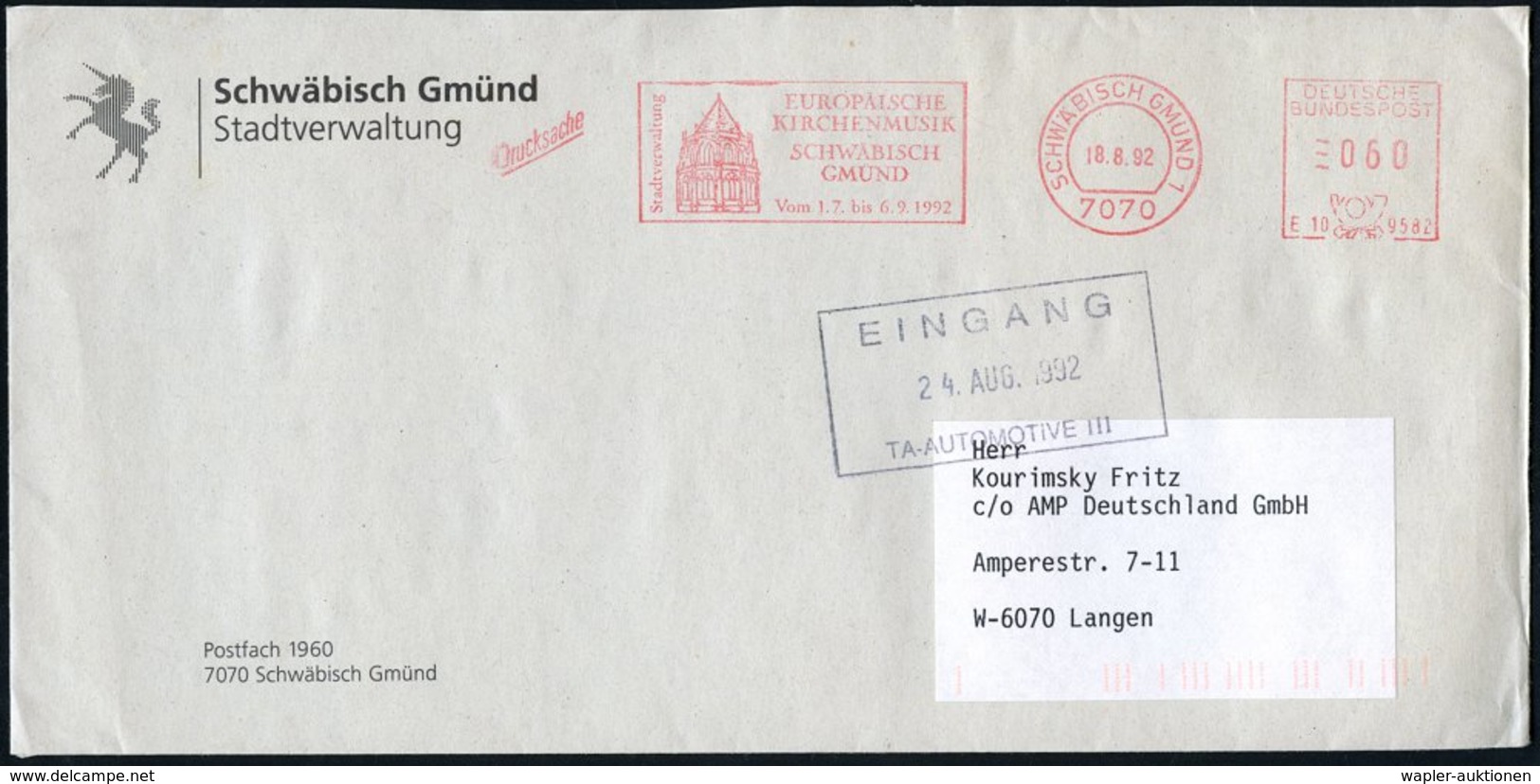 1992 (18.8.) 7070 SCHWÄBISCH GMÜND 1, Absender-Freistempel: EUROP. KIRCHENMUSIK..1992 (Kirche) Kommunalbrief - Musik-Fes - Other & Unclassified