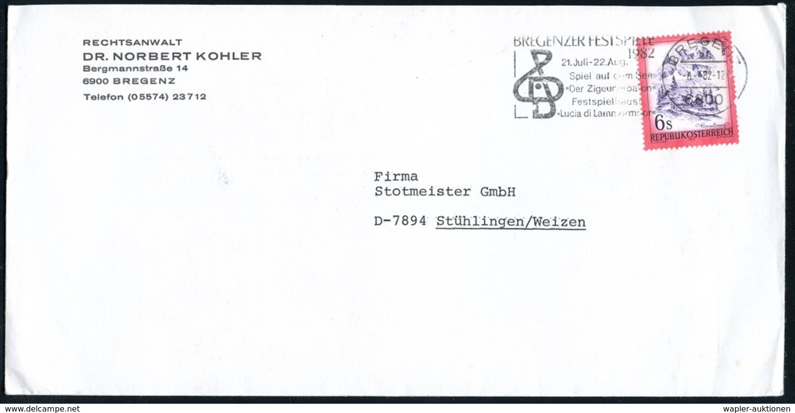 1982 ÖSTERREICH, Maschinen-Werbenstempel: 6900 BREGENZ, BREGENZER FESTSPIELE 1982.. "Der Zigeunerbaron".. "Lucia Di Lamm - Other & Unclassified