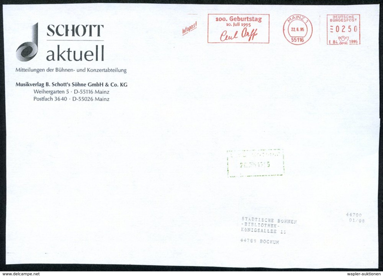 1995 55116 MAINZ 1, Jubil.-Absender-Freistempel: 100. Geburtstag 10. Juli 1995 Carl Orff Auf Großformat. Firmen-Vorderse - Other & Unclassified