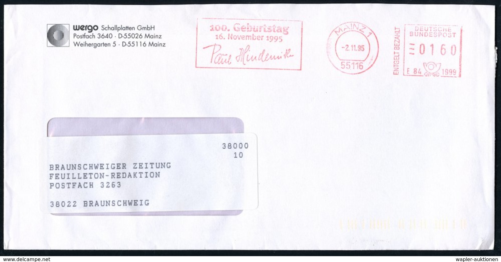 1995 (2.11.) 55116 MAINZ 1, Jubil.-Absender-Freistempel: 100. Geburtstag 16. November 1995 , Paul Hindemith, Firmenbrief - Other & Unclassified