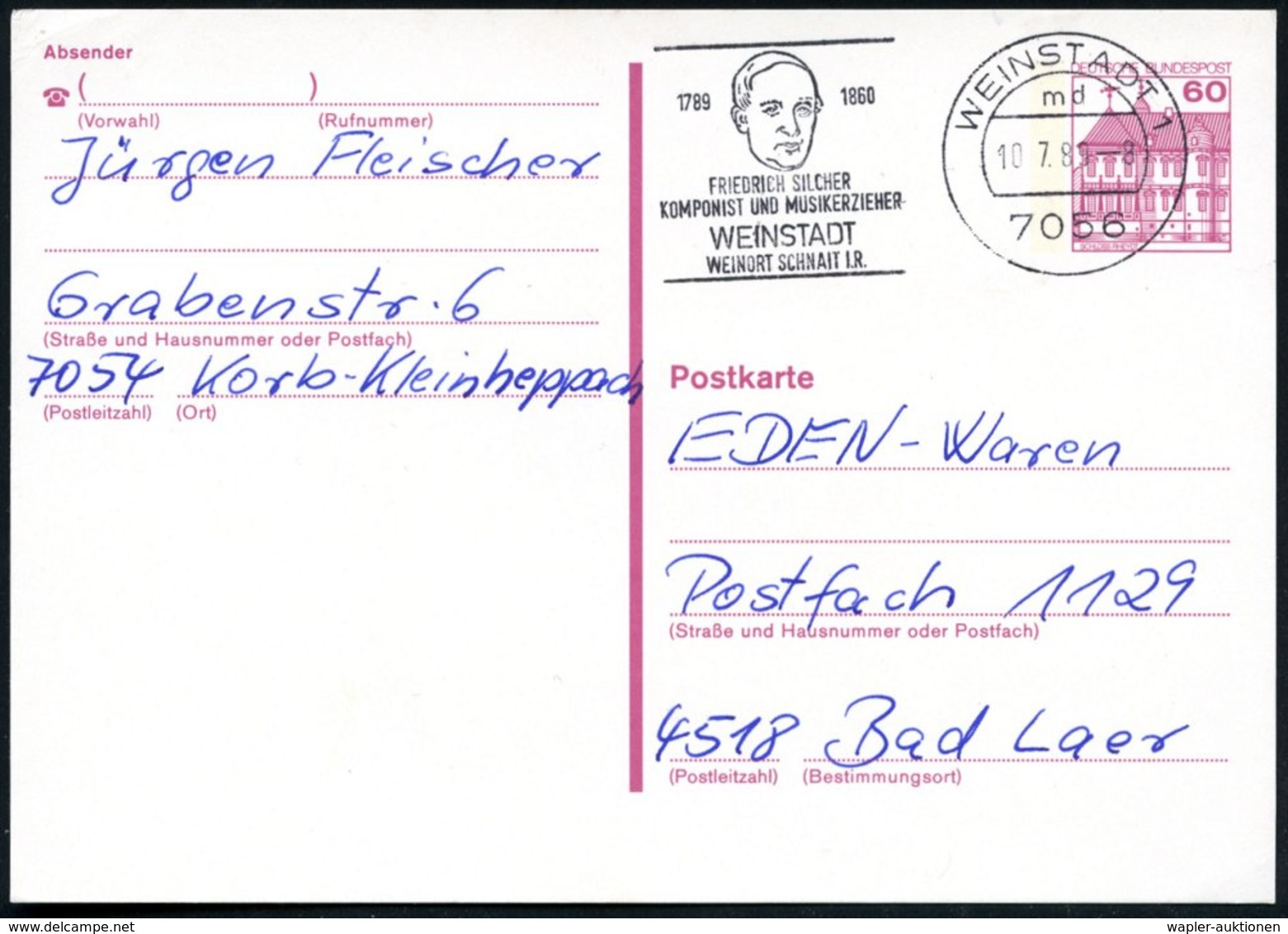 1989 7056 WEINSTADT 1, Maschinen-Werbestempel: Weinort, FRIEDRICH SILCHER, KOMPONIST U. MUSIKERZIEHER (Kopfbild) Bedarfs - Other & Unclassified