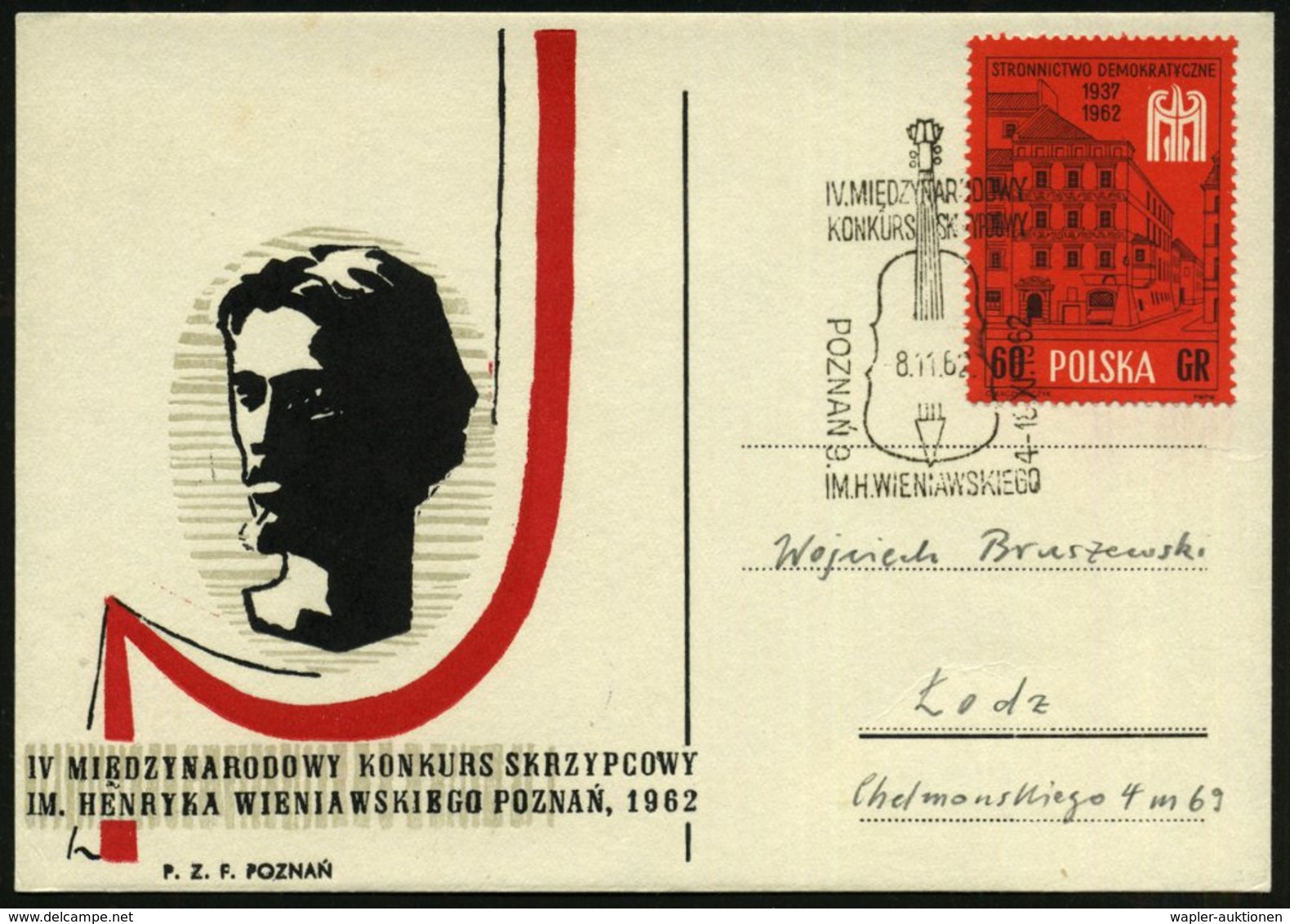 1962 (8.11.) POLEN, Sonderstempel: POZNAN 9, 4. Internat. Wettbewerb Im. H. Wieniawski (Cello) Auf Entspr. Sonderkarte M - Other & Unclassified