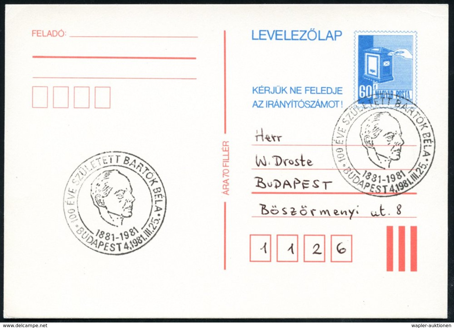 1981 (25.3.) UNGARN, Sonderstempel: BUDAPEST 4, 100. Geburtstag Bela Bartok (Kopfbild) Ortskarte - Komponisten / Compose - Other & Unclassified