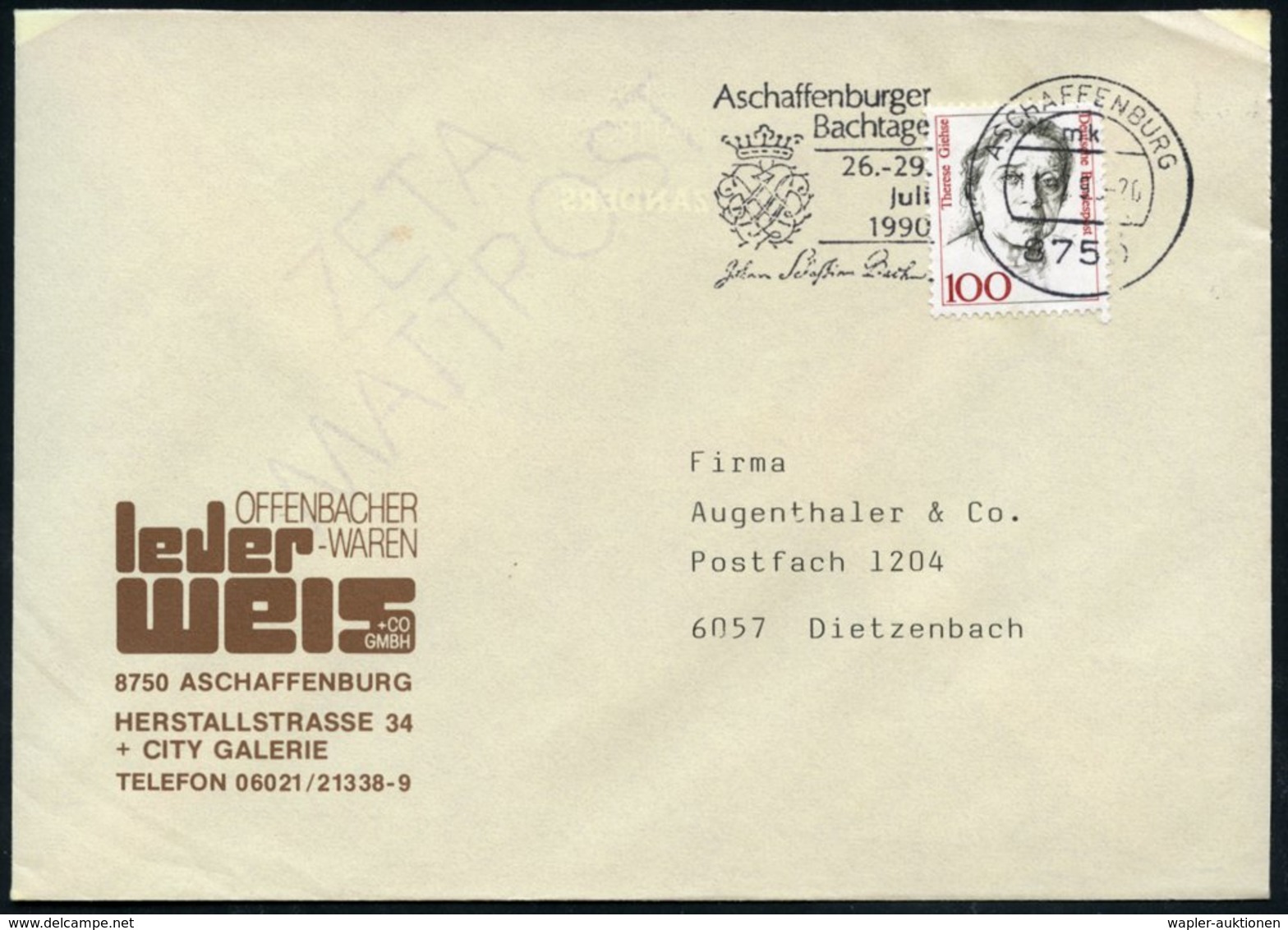 1990 8750 ASCHAFFENBURG 1, Maschinen-Werbestempel: Aschaffenburger Bachtage, 26.-29. Juli (Bach-Monogramm) Firmenbrief - - Other & Unclassified