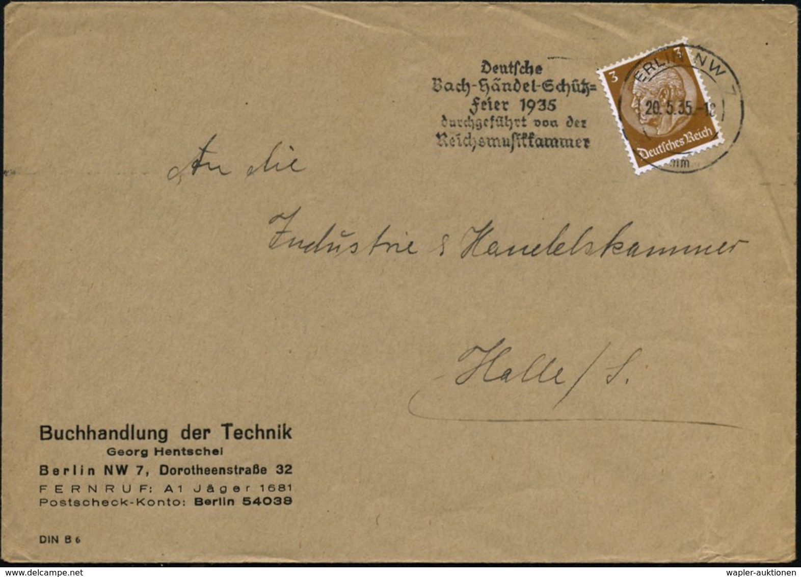 1935 BERLIN NW 7, Maschinen-Werbestempel: Deutsche Bach-Händel-Schütz-Feier.. Reichsmusikkammer, Firmenbrief (Bo.S 169 A - Other & Unclassified