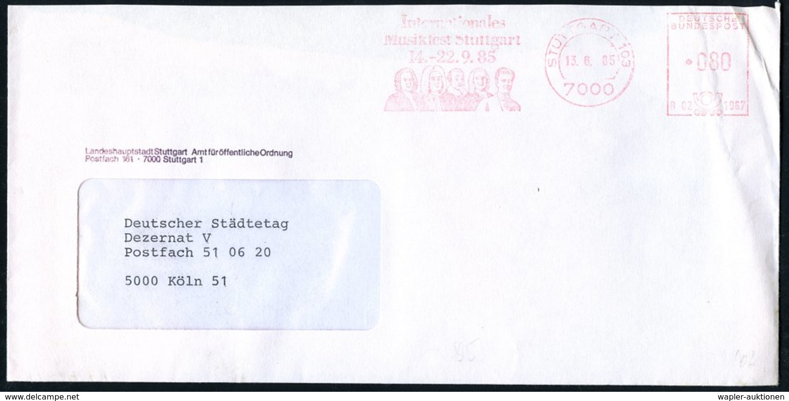 1985 (13.6.) 7000 STUTTGART 103, Kommunaler Absender-Freistempel: Internationales Musikfest.. 14.-22.9.85 (Bach, Händel, - Other & Unclassified