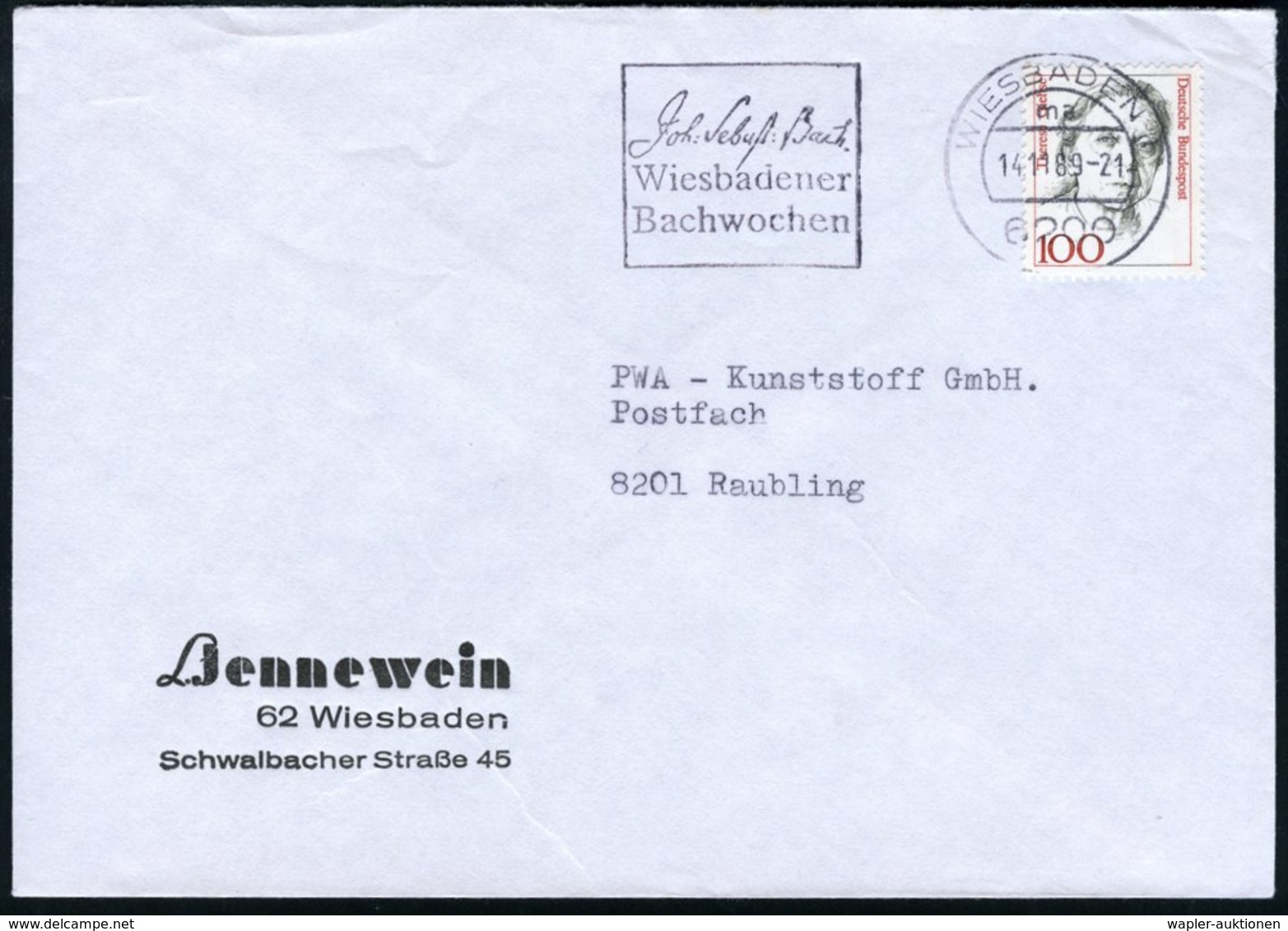 1989 (Nov.) 6200 WIESBADEN 1: Joh. Sebastian Bach, Wiesbadener Bachwochen (Bach-Faksimile) Firmenbrief - Johan Sebastian - Other & Unclassified