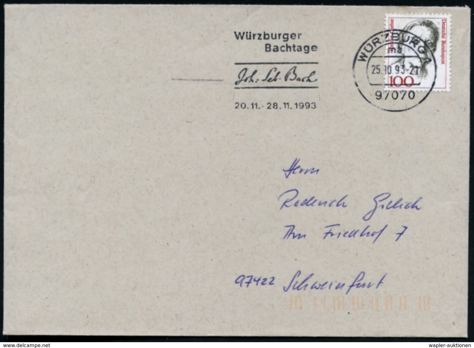 1993 (25.10.) 8700 WÜRZBURG 1, Maschinen-Werbestempel: Würzburger Bachtage.. 20.11.-28.11. 1993 (Bach-Faksimile) Bedarfs - Sonstige & Ohne Zuordnung