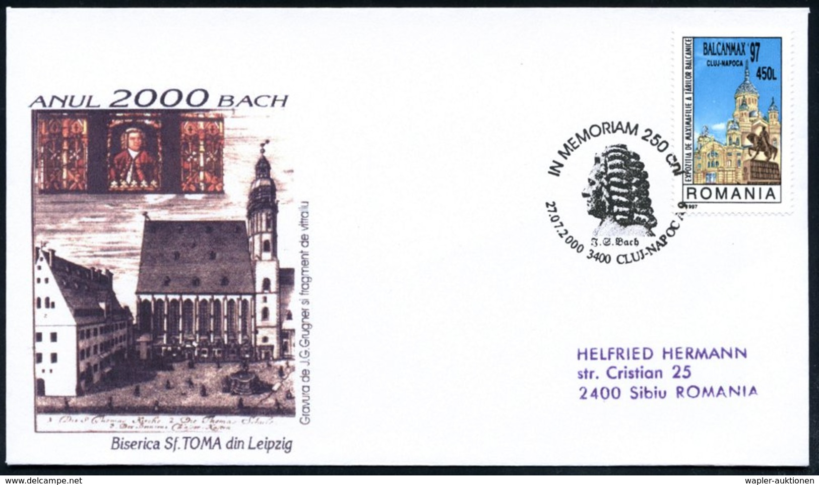 2000 (27.7.) RUMÄNIEN, Sonderstempel: 3400 CLUJ-NAPOCA J. S. Bach IN MEMORIAM (Bach-Kopf) Sonderumschlag: Bachjahr 2000  - Sonstige & Ohne Zuordnung