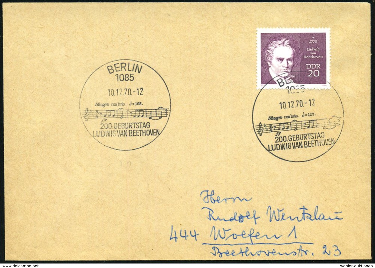 1970 (10.12.) 1085 BERLIN, 20 Pf. L. Van Beethoven + Sonderstempel: 1085 BERLIN, 2000. Geburtstag LUDWIG VAN BEETHOVEN ( - Other & Unclassified