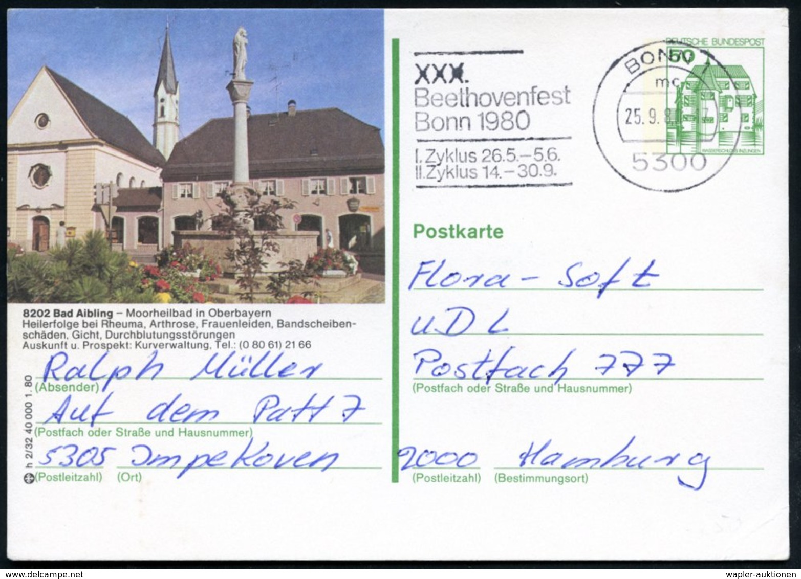 1980 (25.9.) 5300 BONN 1, Maschinen-Werbestempel: XXX. Beethovenfest.. 1980, Bedarfskarte (Bo.541 A I = UB "mc") - Ludwi - Other & Unclassified