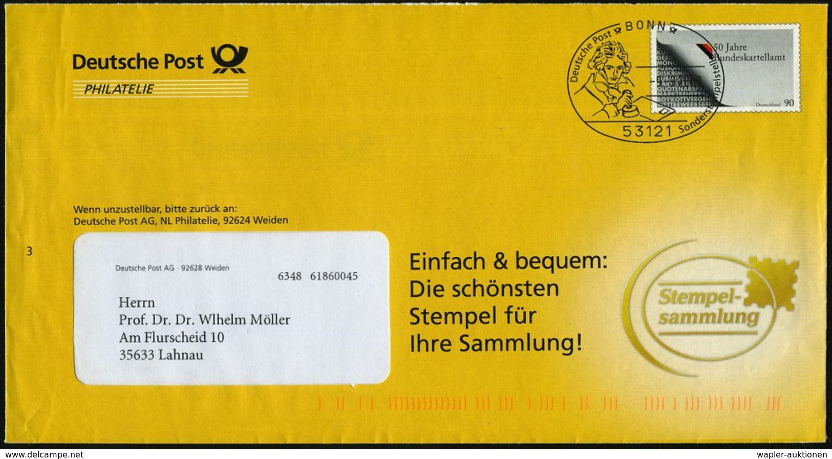 2000 (9.9.) 53121 BONN, Buchdruck-Sonderstempel: Deutsche Post Sonderstempelstelle = Beethoven Mit Poststempel Auf Postd - Sonstige & Ohne Zuordnung