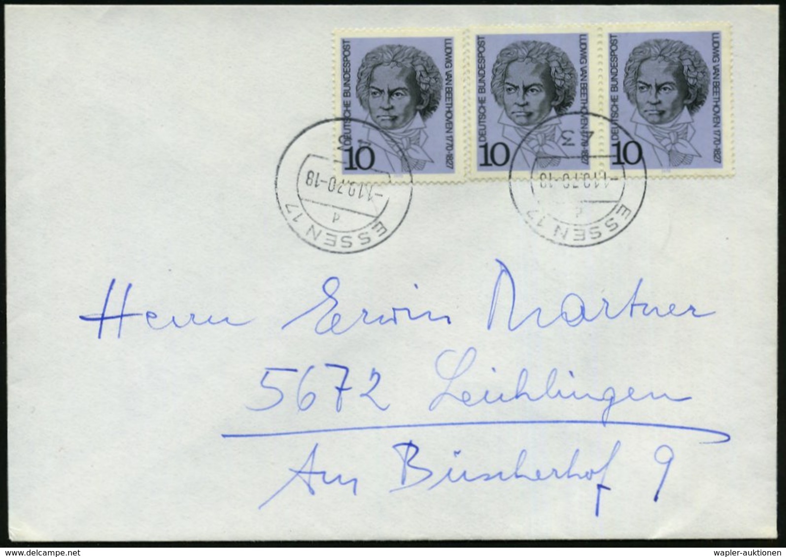 1970 B.R.D., 10 Pf. L. V. Beethhoven, 3 Stück Reine MeF (Gest. 43 ESSEN 17) Bedarfsbrief (Mi.616 MeF) - Ludwig Van Beeth - Other & Unclassified