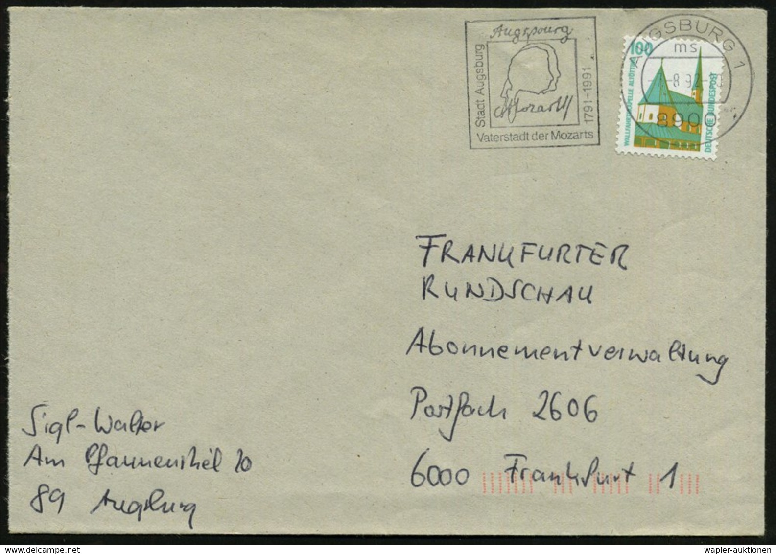 1991 8900 AUGSBURG 1, Maschinen-Werbestempel: Vaterstadt Mozarts 1791 - 1991 (2 Kopfsilhouetten) Bedarfsbrief - Wolfgang - Other & Unclassified