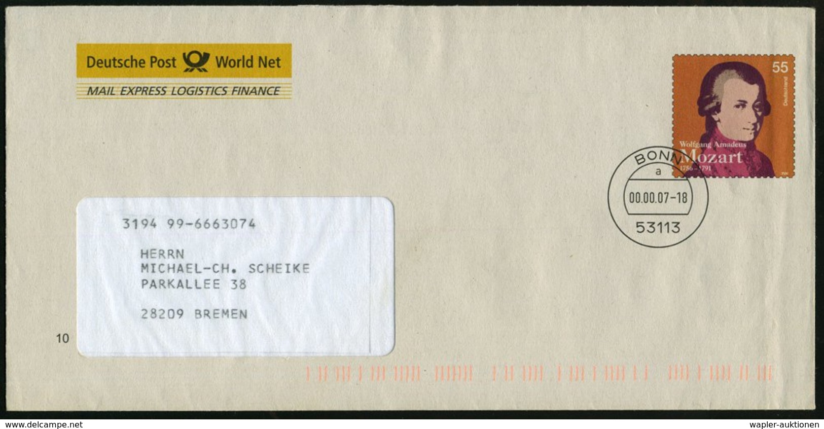 2007 53113 BONN, Postdienst-Ganzsachen-Umschlag 55 C. Mozart "MAIL EXPRESS LOGISTICS FINANCE" + Buchdruck-Tagesstempel,  - Other & Unclassified