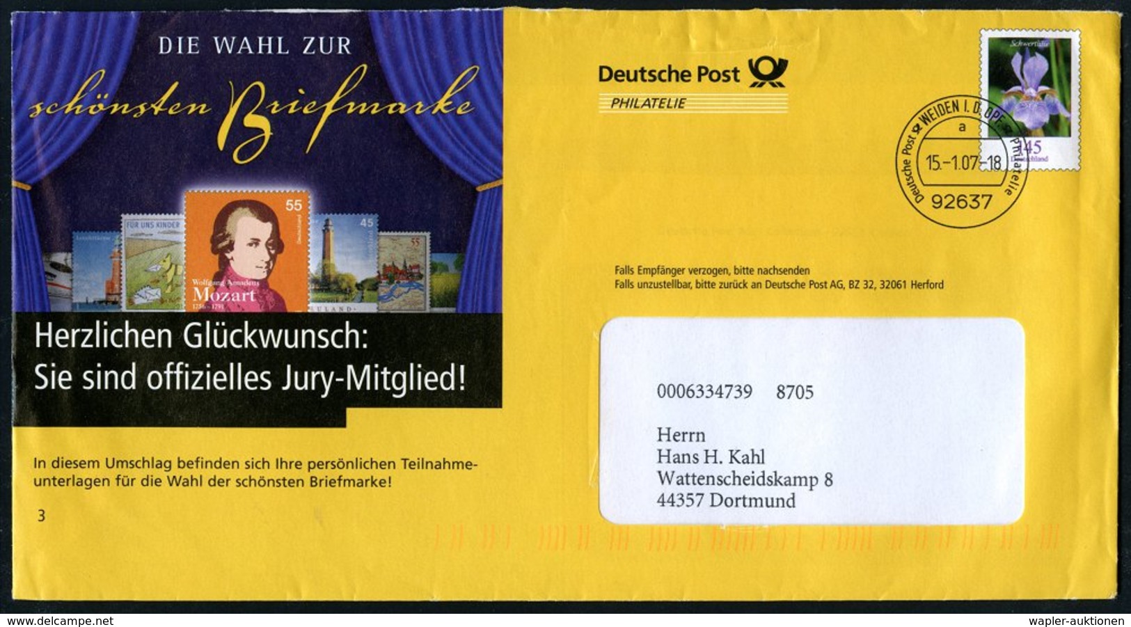 2007 (15.1.) 92637 WEIDEN OPF., 45 C. Postdienst-Ganzsachen-Umschlag: Die Wahl Zur Schönsten Briefmarke.. = Mozart-Brief - Autres & Non Classés