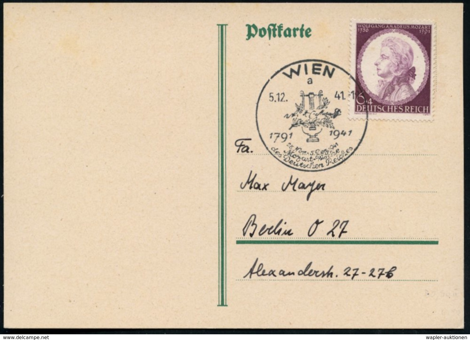 1941 (5.12.) WIEN, 6 + 4 Pf. "150. Todestag W. A. Mozart" (Mi.810 EF) + Passender Sonderstempel: WIEN..Mozart Woche (Lyr - Sonstige & Ohne Zuordnung