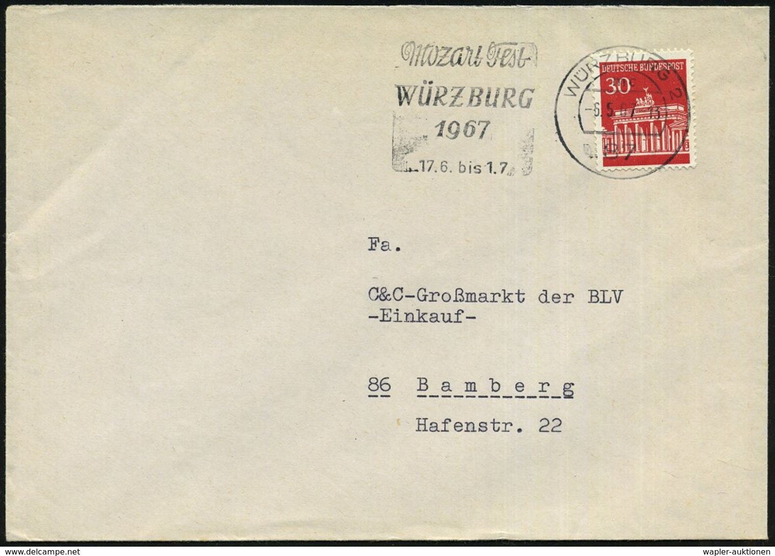 1967 (6.5.) 87 WÜRZBURG 2, Maschinen-Werbestempel: Mozart Fest WÜRZBURG 1967, Bedarfsbrief (Bo.66 A) - Wolfgang Amadeus  - Otros & Sin Clasificación