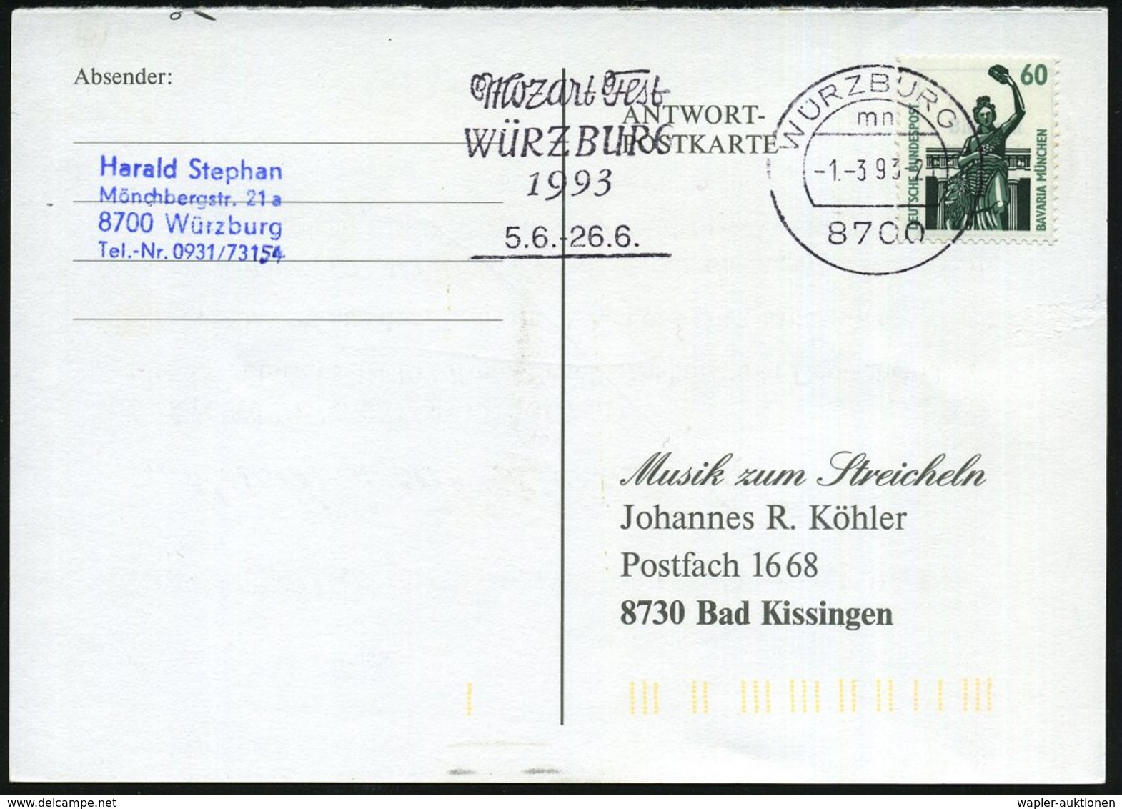 1993 (März) 8700 WÜRZBURG 1, Maschinen-Werbestempel: Mozart Fest.. 1993, Bedarfskarte - Wolfgang Amadeus Mozart - Other & Unclassified