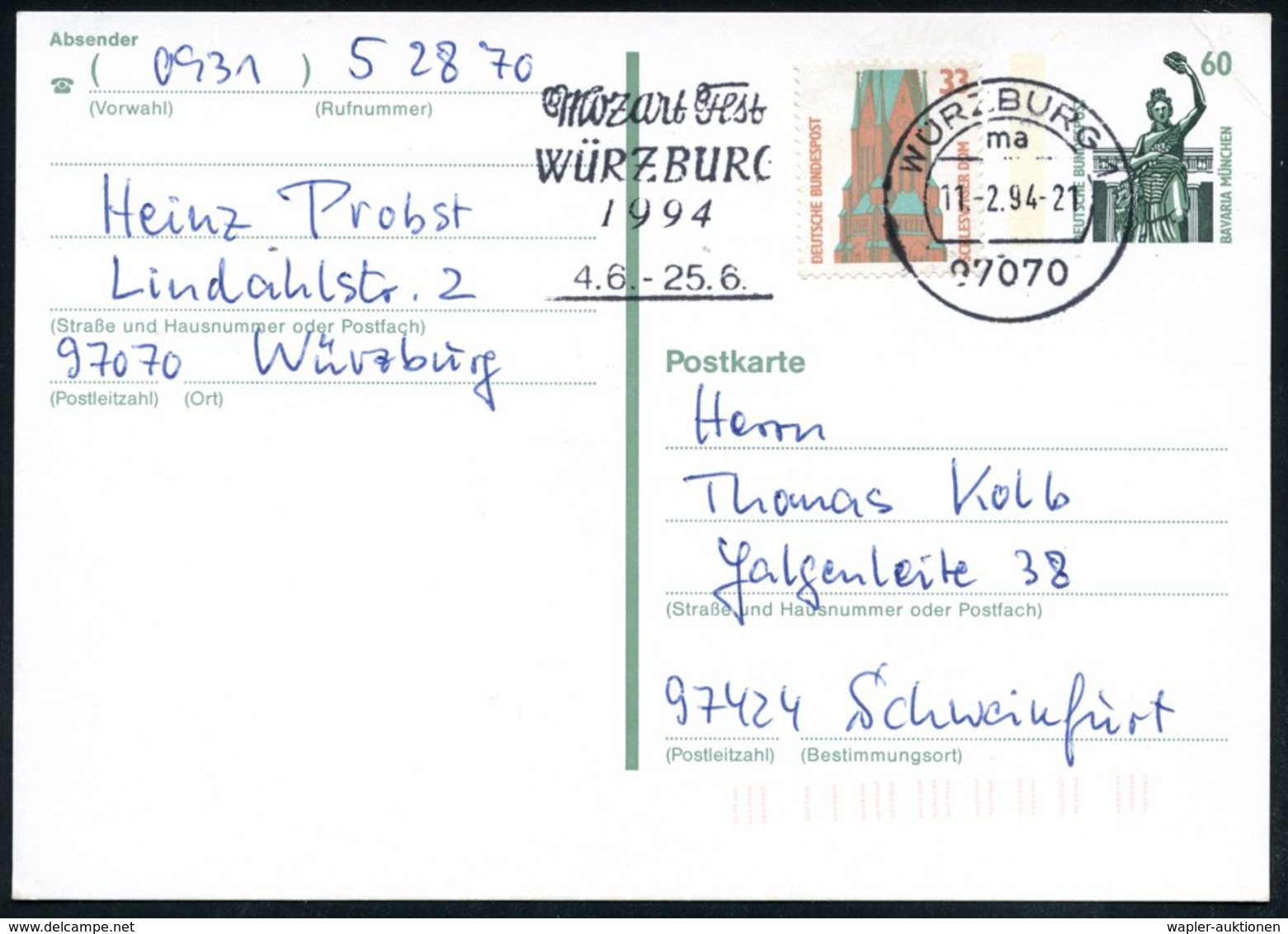 1994 (11.2.) 8700 WÜRZBURG 1, Maschinen-Werbestempel: Mozart Fest.. 1994, Bedarfskarte - Wolfgang Amadeus Mozart - Sonstige & Ohne Zuordnung