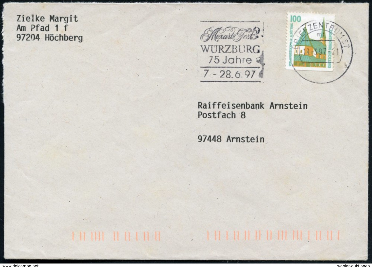 1997 (14.3.) BRIEFZENTRUM 97, Maschinen-Werbestempel: Mozart Fest WÜRZBURG 75 Jahre, 7.-28.6.97, Bedarfsbrief - Wolfgang - Other & Unclassified
