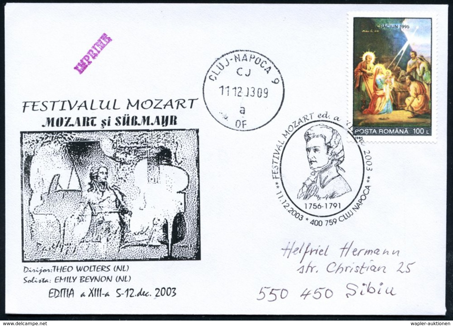 2003 (11.12.) RUMÄNIEN, Sonderstempel: 400 759 CLUJ NAPOCA, FESTIVAL MOZART (Brustbild) Rs. Zusatzfrankatur Mit Gleichem - Other & Unclassified