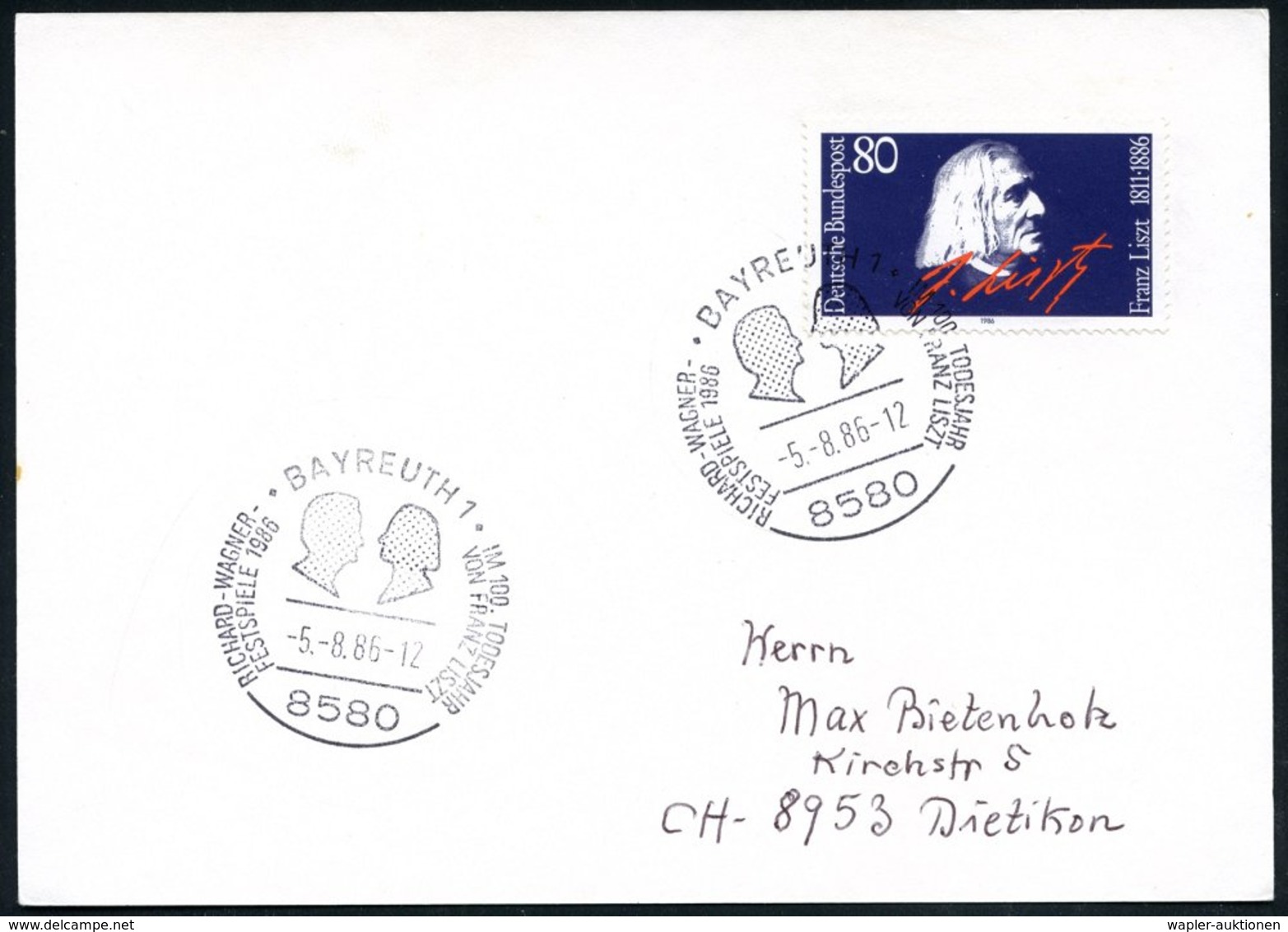 1986 (5.8.) 8580 BAYREUTH 1, Sonderstempel: 100. Todestag Franz Liszt, Richard-Wagner-Festspiele (2 Kopfsilhouetten) EF  - Other & Unclassified