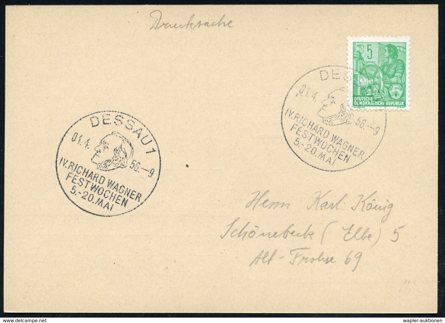 1956 (4.4.) DESSAU 1, VI. RICHARD-WAGNER-FESTWOCHE (Wagner-Kopf) Drs.-Karte (Bo.16) - Richard Wagner - Other & Unclassified