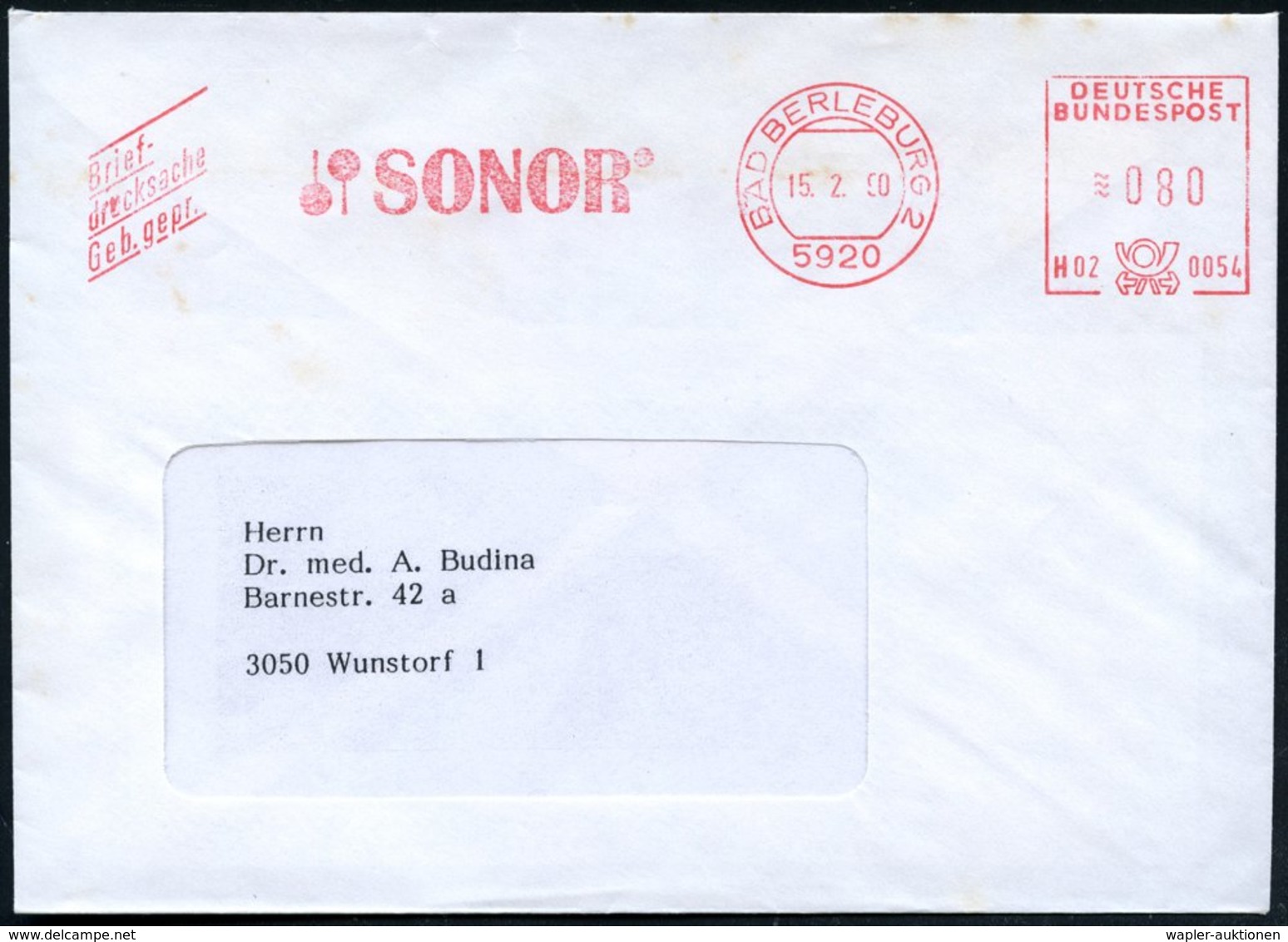 1990 (15.2.) 5920 BAD BERLEBURG 2, Absender-Freistempel: SONOR = Hersteller Von Perkussions- Und Schlaginstrumenten, Fir - Other & Unclassified