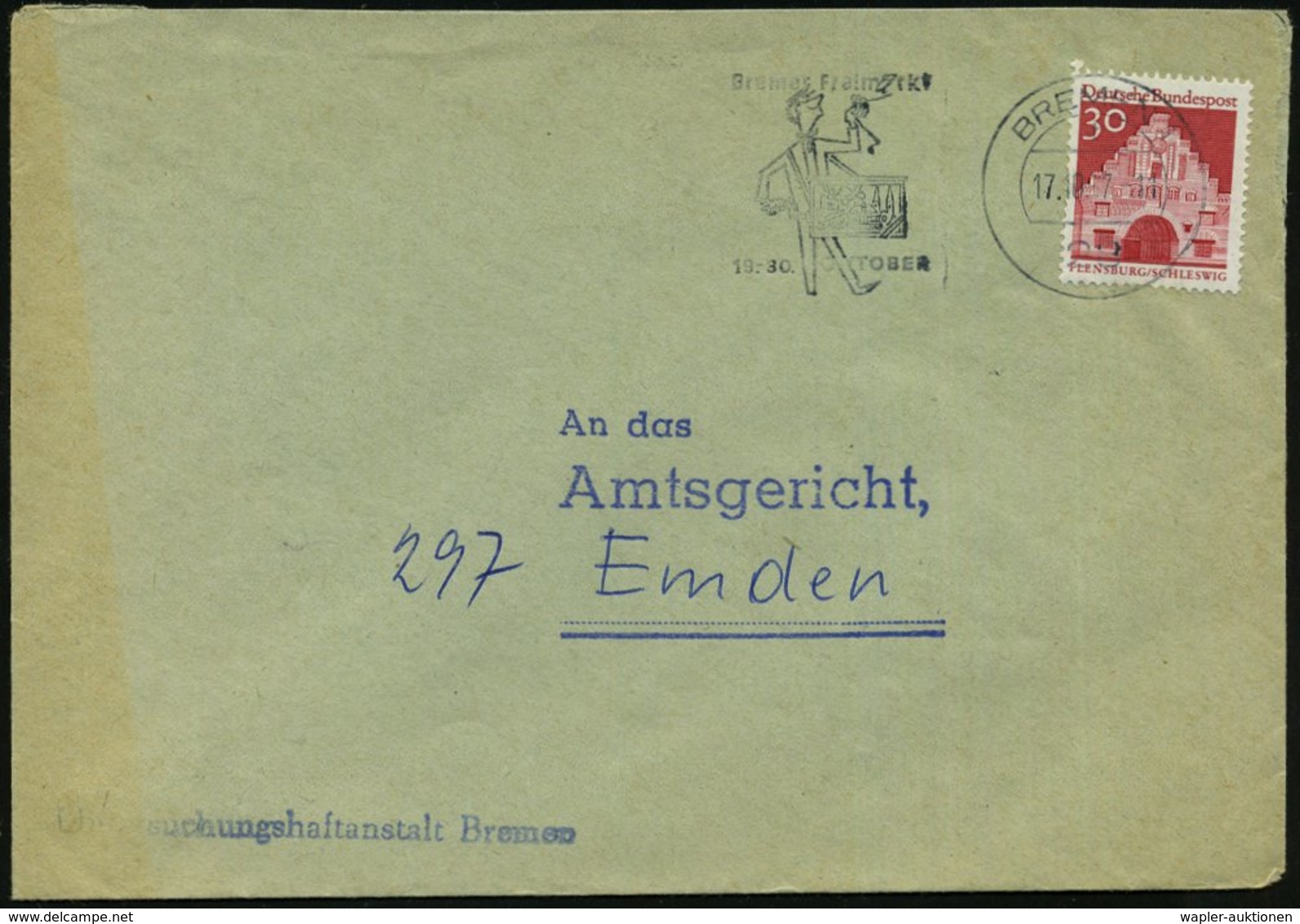1967 28 BREMEN 1, Maschinen-Werbestempel: Bremer Freimarkt.. = Drehorgel-Spieler, Kommunalbrief (Untersuchungshaftanstal - Sonstige & Ohne Zuordnung