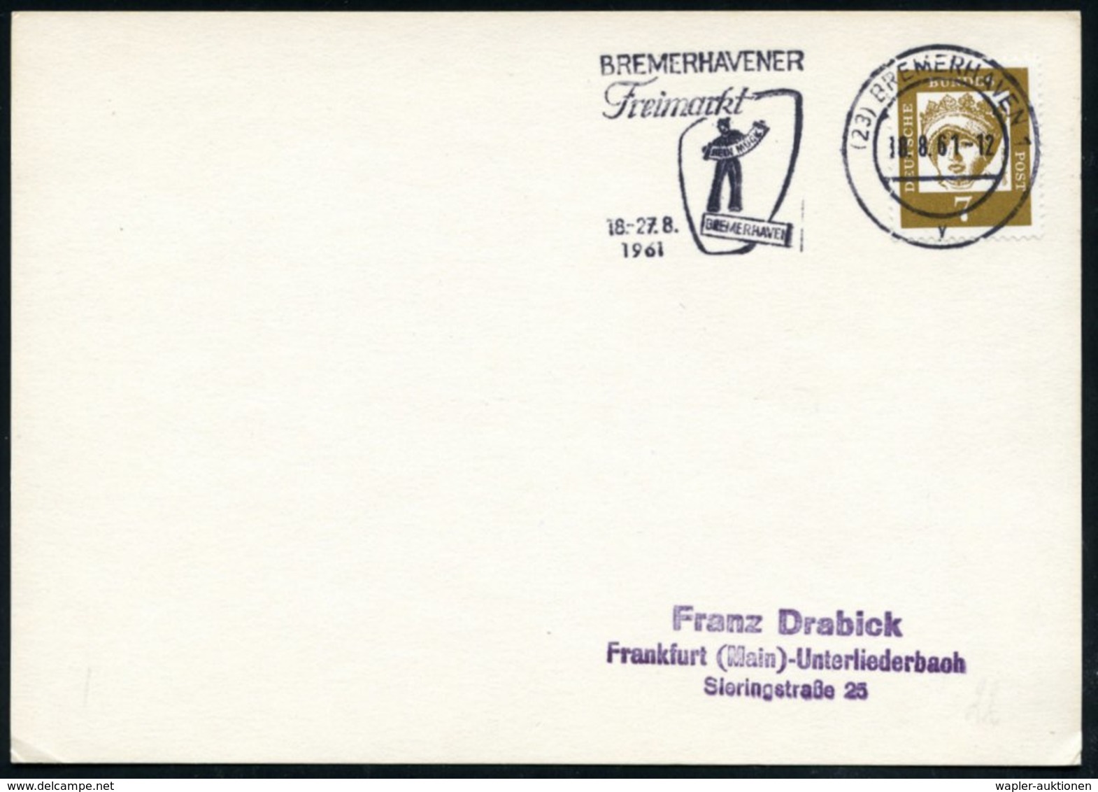 1961 (18.8.) (23) BREMERHAVEN 1, Maschinen-Werbestempel: BRMERHAVENER FREIMARKT = Akkordeon-Spieler, Inl.-Karte (Bo.22 A - Autres & Non Classés