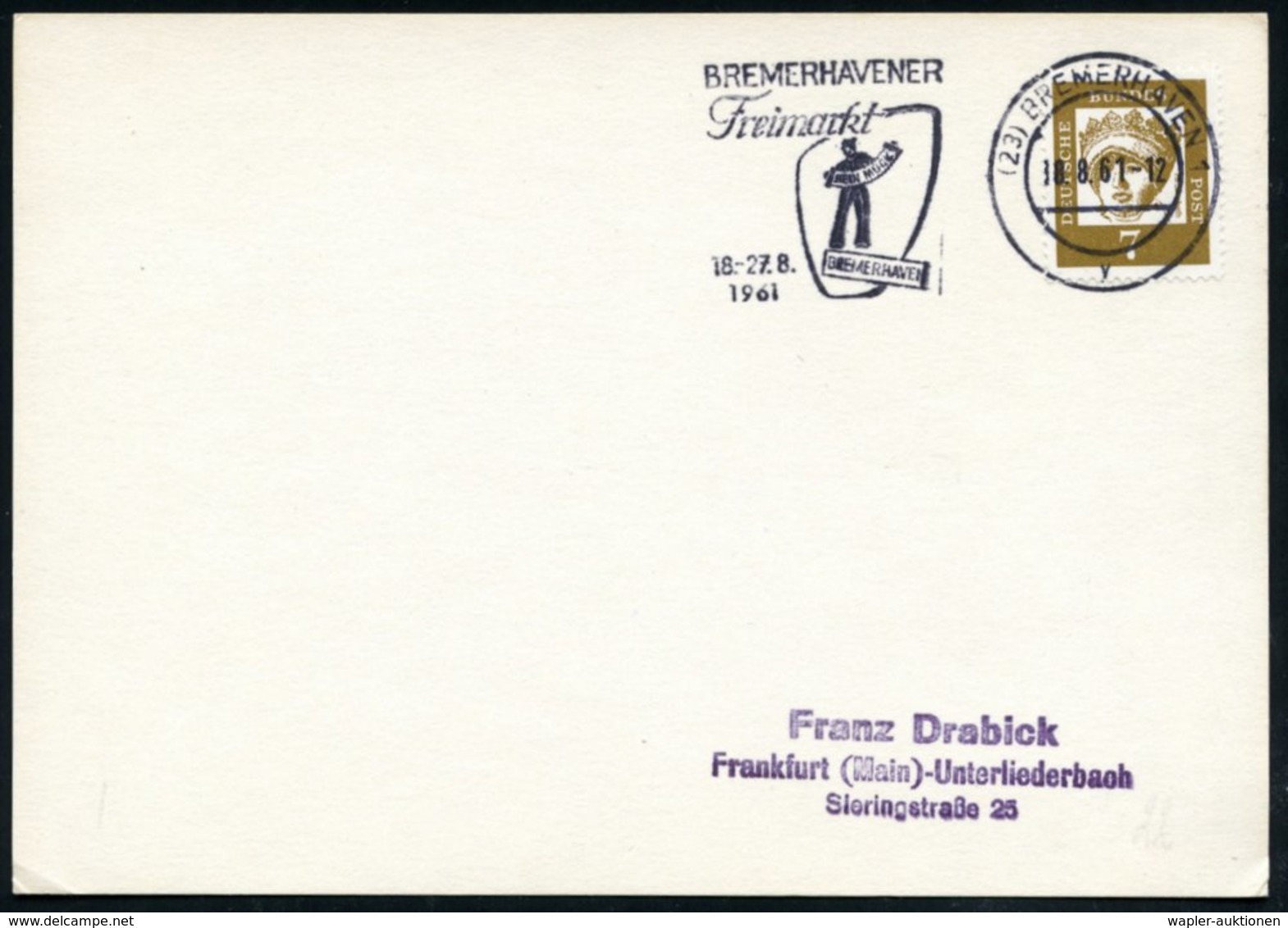 1961 (18.8.) (23) BREMERHAVEN 1, Maschinen-Werbestempel: BRMERHAVENER FREIMARKT = Akkordeon-Spieler, Inl.-Karte (Bo.22 A - Other & Unclassified