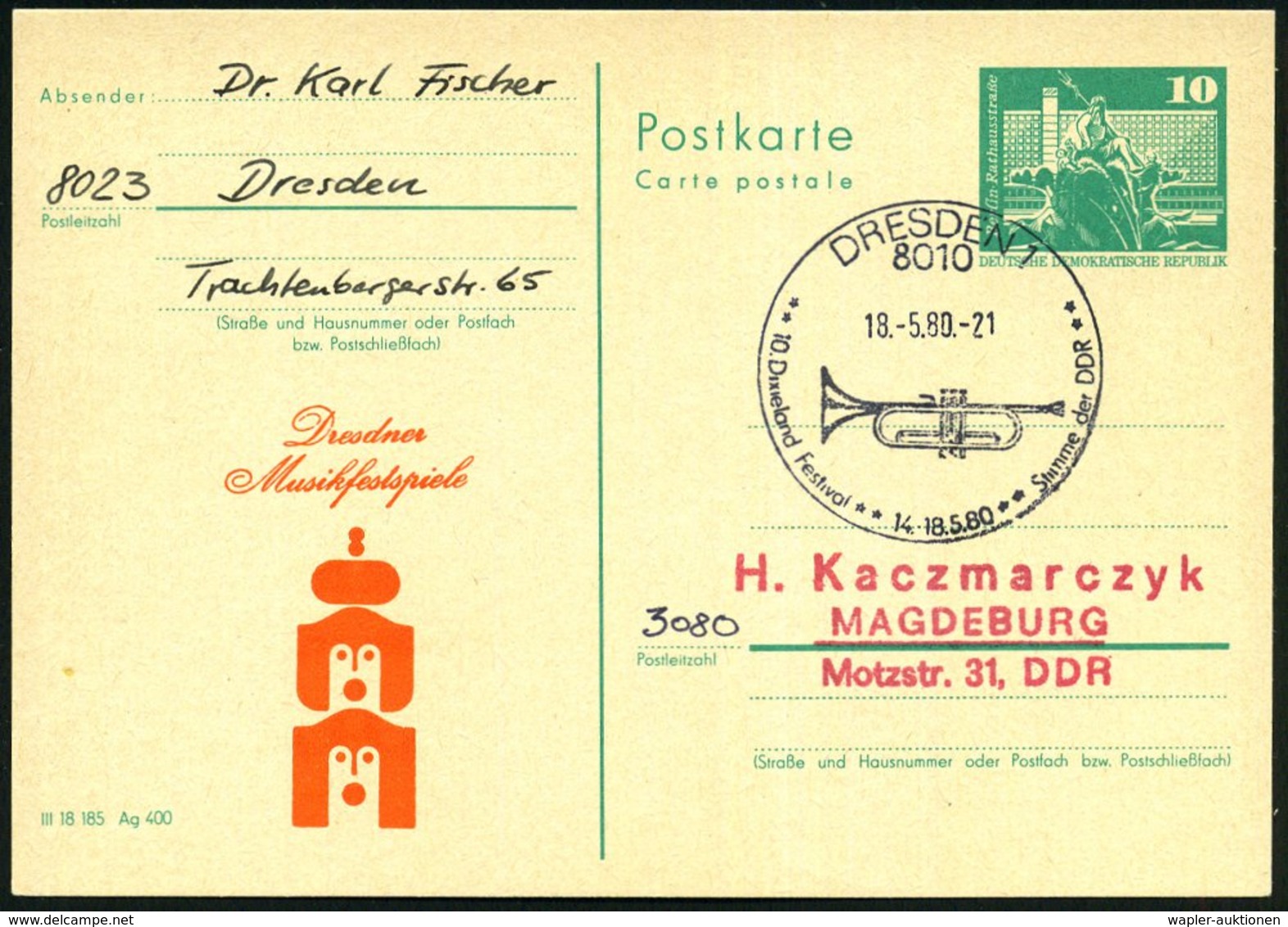 1980 (18.5.) 8010 DRESDEN 1, Sonderstempel: 10. Dixieland Festival.. = Trompete Auf Amtl. Ganzsache 10 Pf. Neptunbrunnen - Other & Unclassified